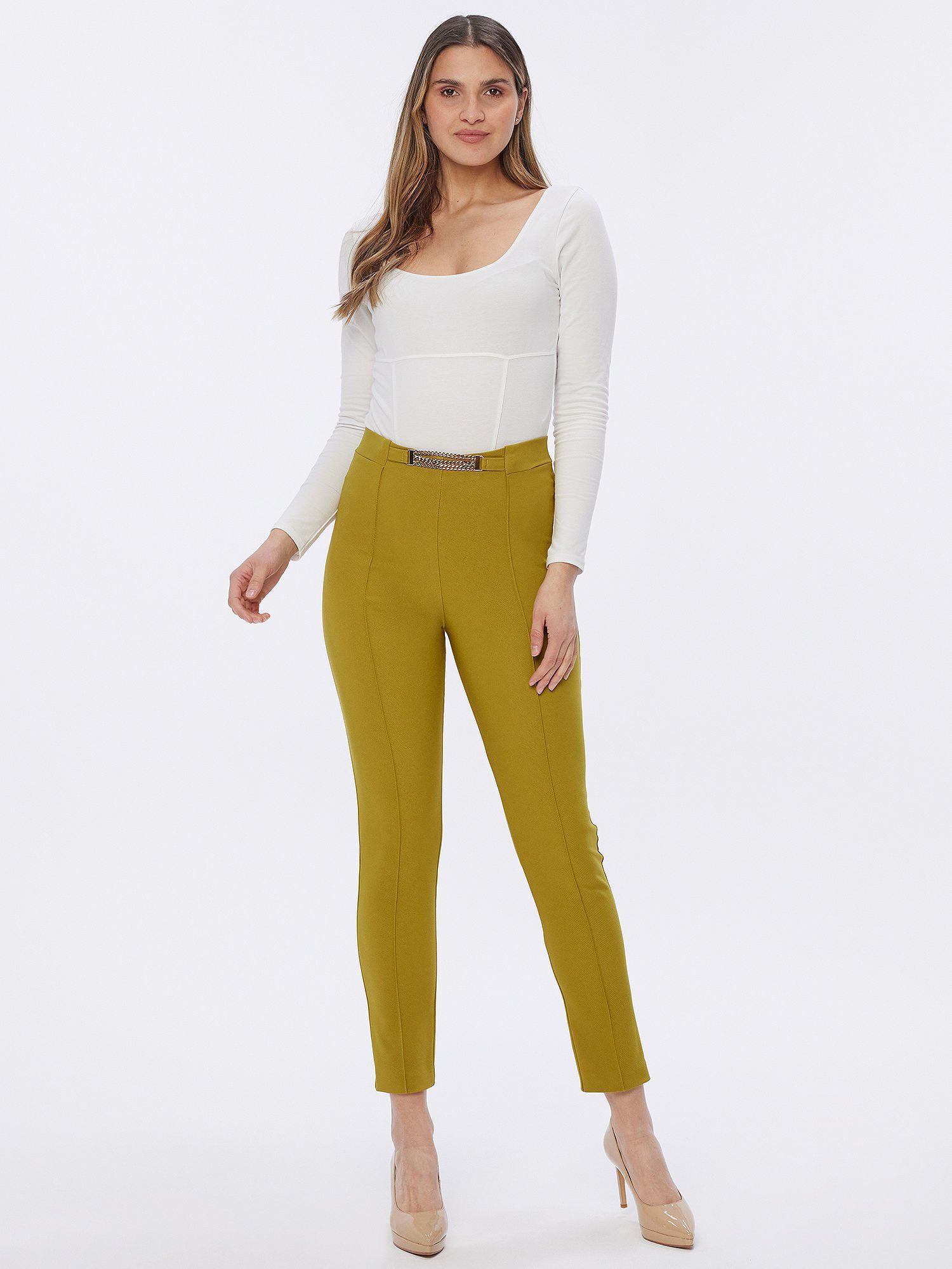 MONACO blue Stoffhose Treggings koerpernah mit Biese und Schmuckkette