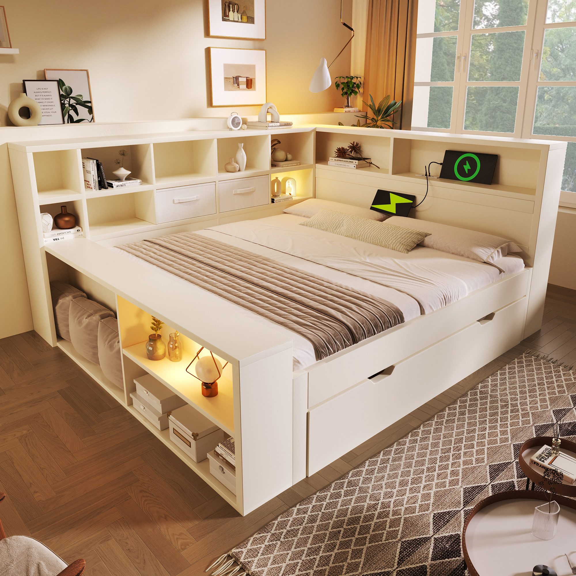 OKWISH Polsterbett Bett 140x200 cm: Stauraum, Ausziehbett, USB-/Type-C-Ansc günstig online kaufen