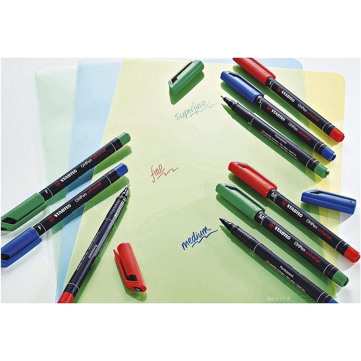 STABILO Folienstift OHPen Permanent, (4-tlg), zum Oberflächen = glatten Schaft-/Kappenfarbe Schreibfarbe Beschriften von