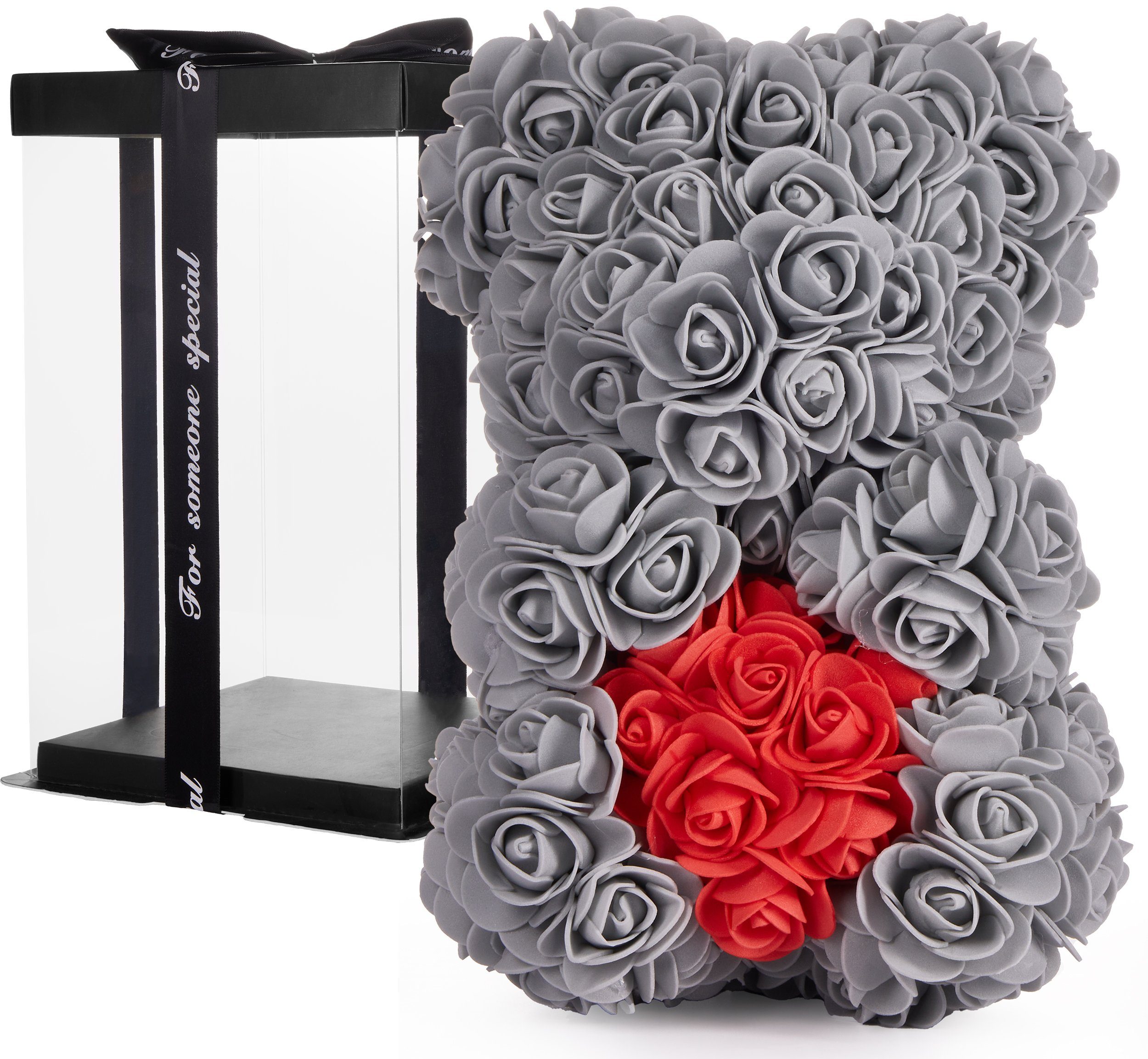 Kunstblume Rosenbär mit Herz in Geschenkbox günstig online kaufen