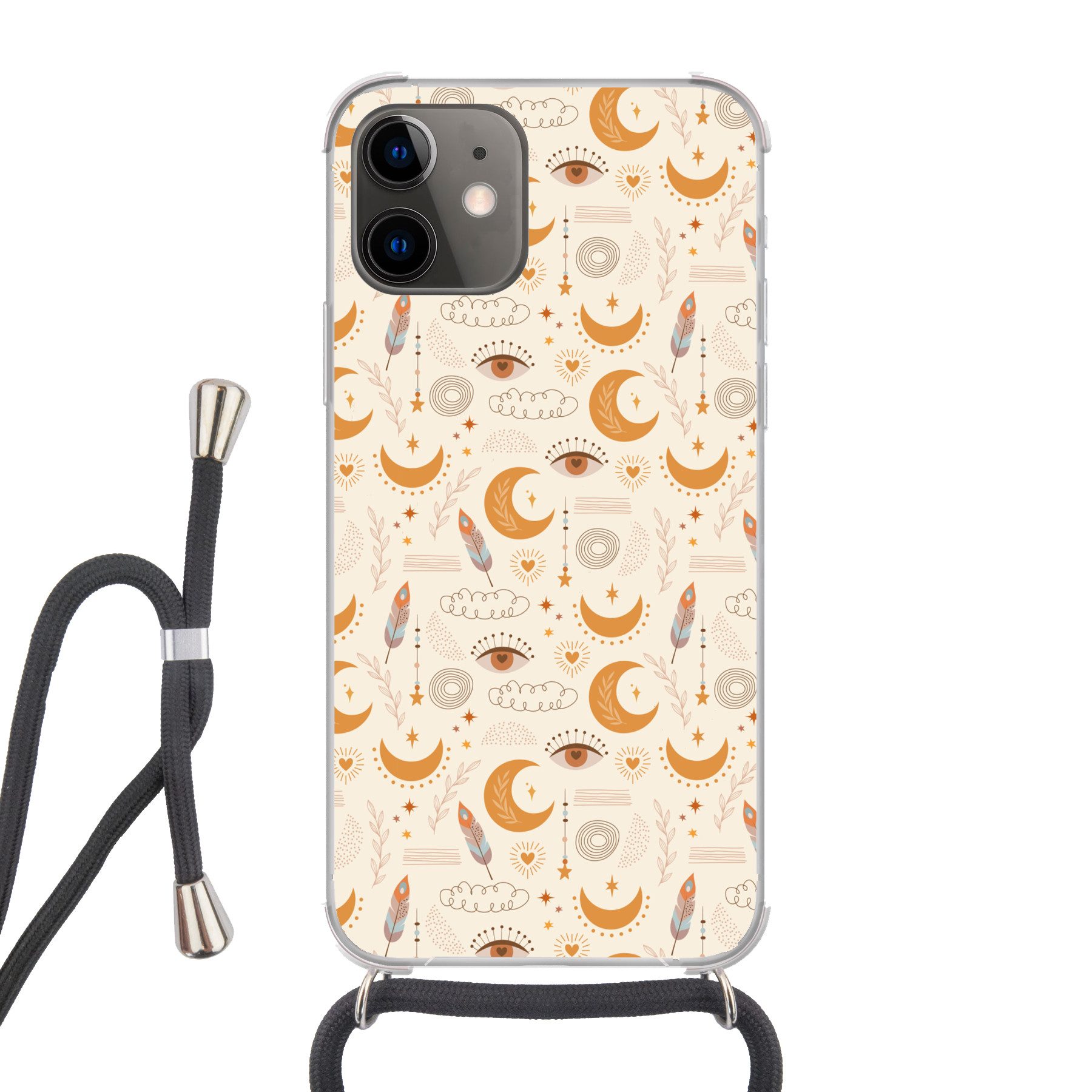 MuchoWow Handyhülle für Apple iPhone 12 Boho - Druck - Augen - Mond - Federn - Beige, Tragbare Handyhüllen mit Kette zum umhängen, Handykette Handyband