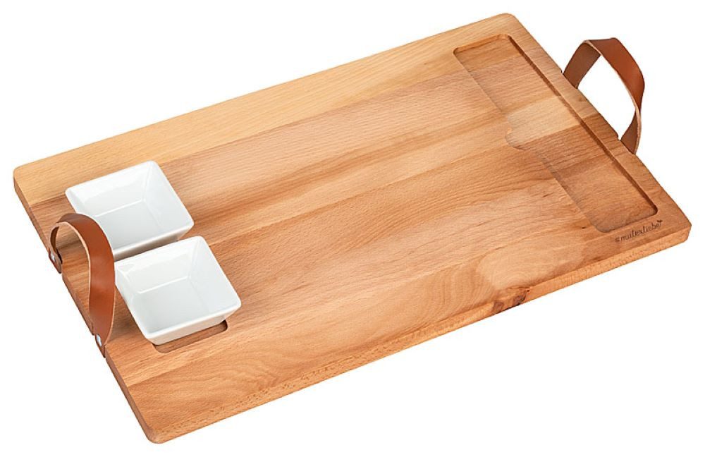 Mulex Servierplatte #mulexliebe Holz Serviertablett mit Dipschalen & Ledergriffen – Buche, Buchenholz, (Porzellan Dipschälchen, 3-tlg., inkl. zwei Echt- Lederbändern), stylisches Must- have