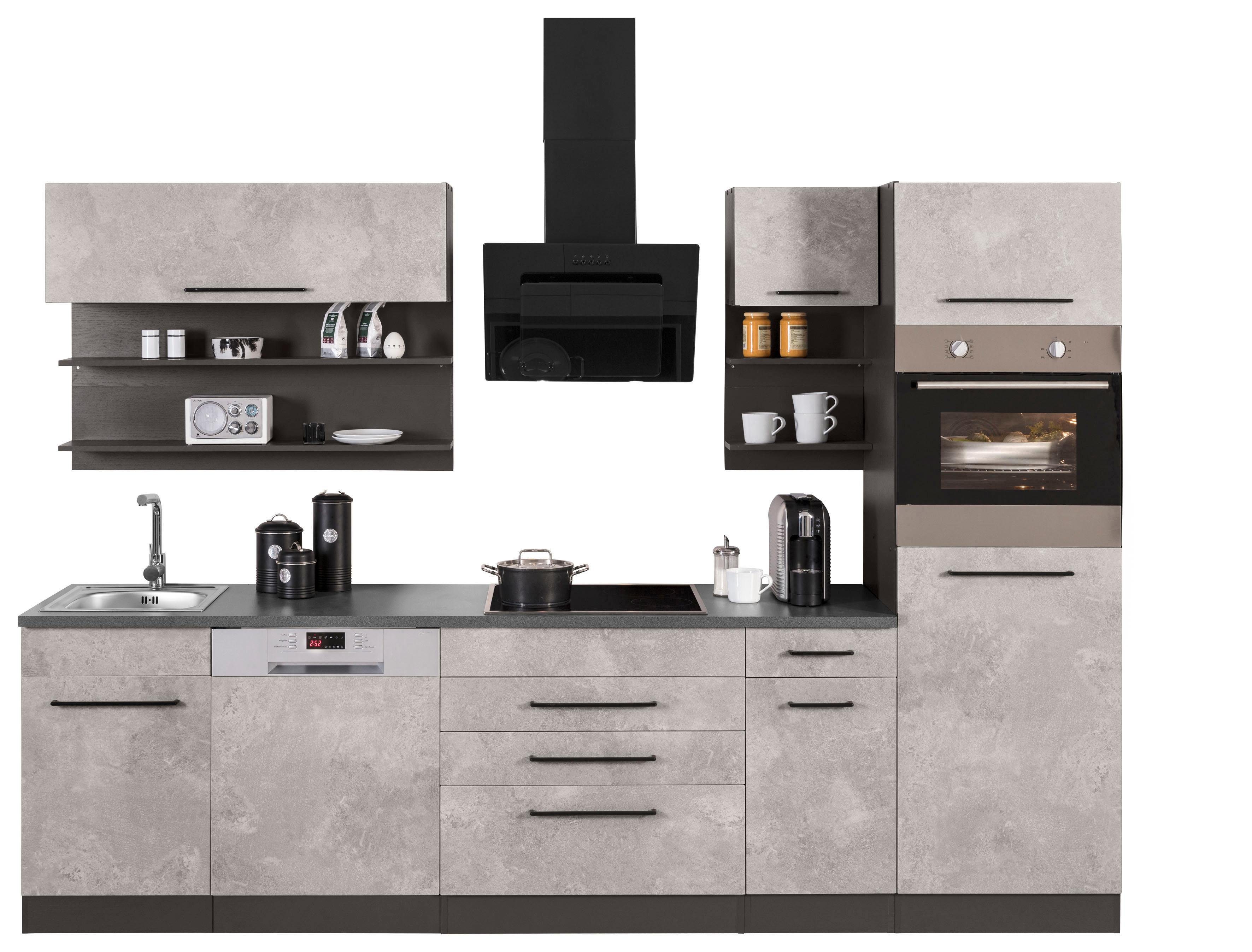 HELD MÖBEL Küchenzeile Tulsa, mit E-Geräten, Breite 290 cm, schwarze Metallgriffe, MDF Fronten grau