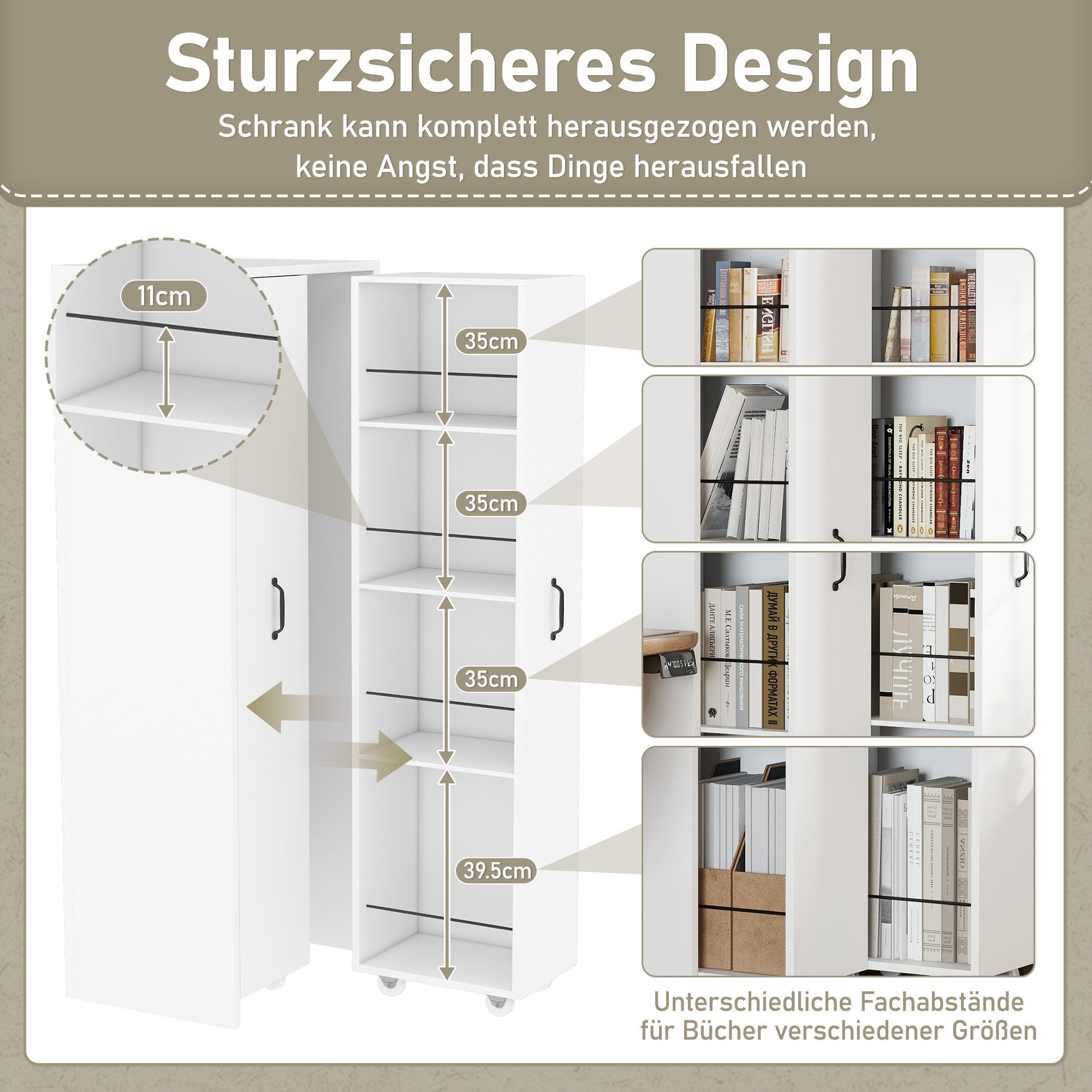 MODFU Bücherregal Kompaktes Rollregal – 51.5×158×41 cm mit 4 Ebenen, Packung 1-tlg., 20 kg pro Ebene, MDF, platzsparendes Design