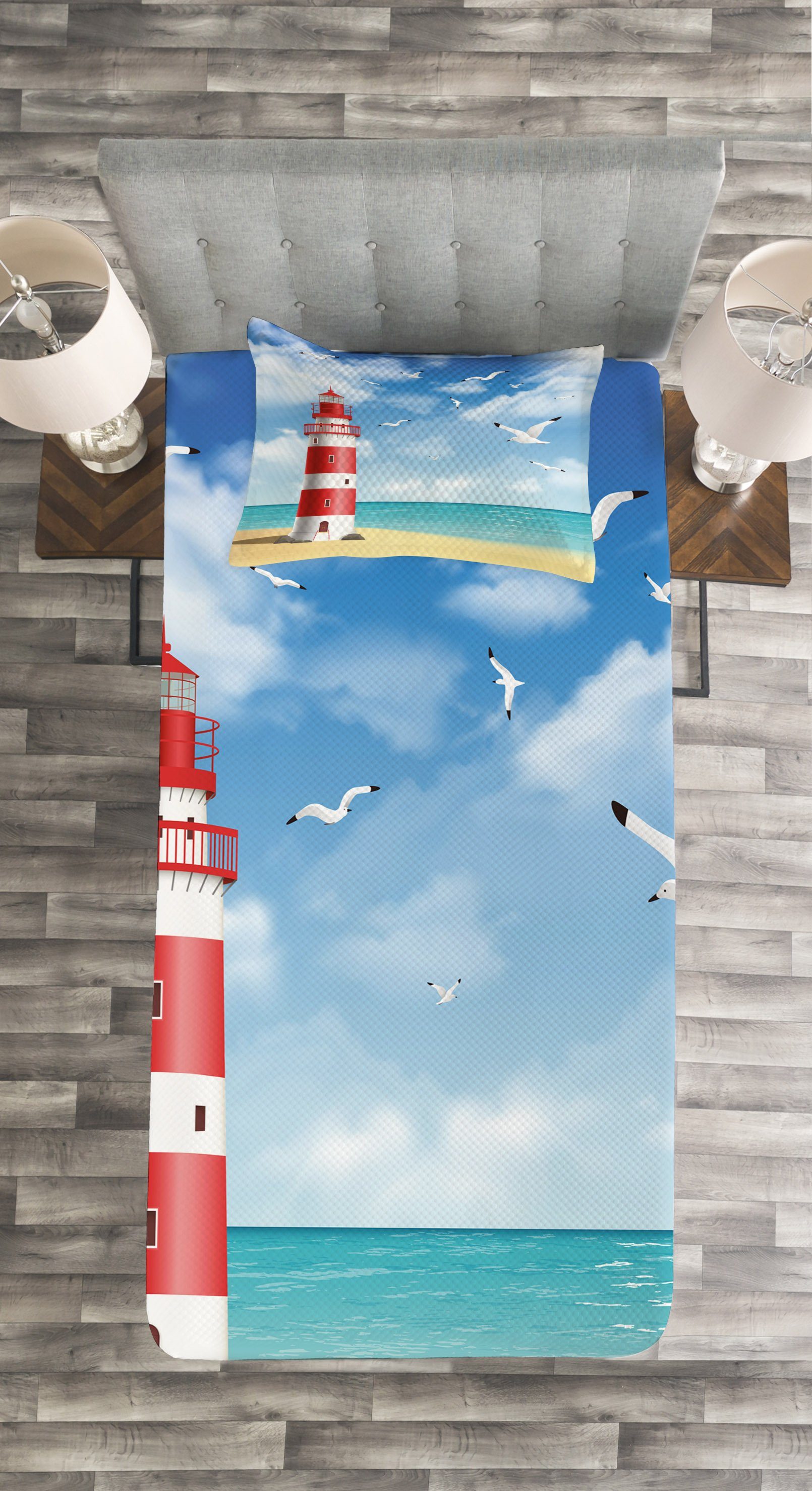 Leuchtturm Waschbar, Tagesdecke Ozean mit Strand Möwen Set Abakuhaus, Kissenbezügen