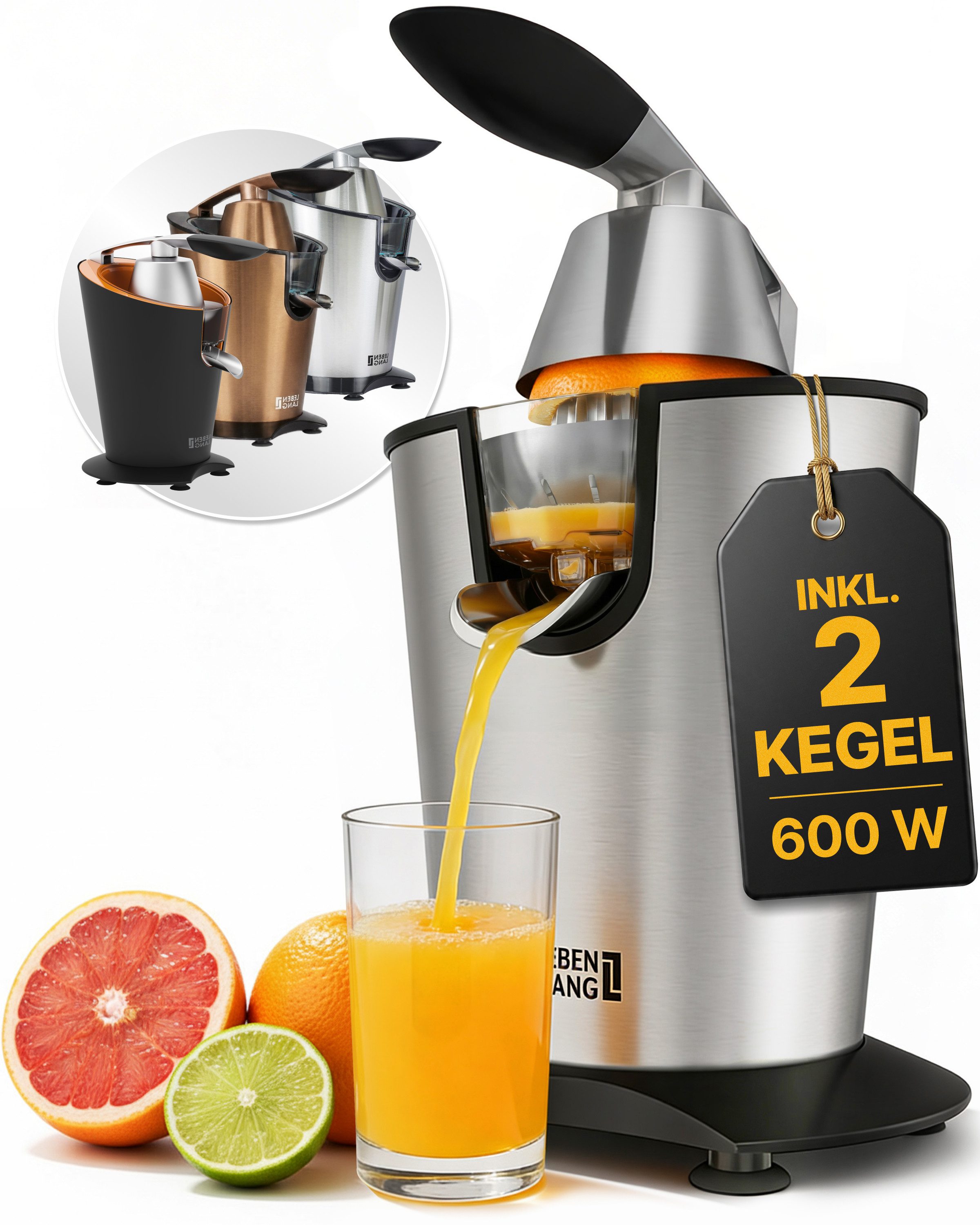 Lebenlang Zitruspresse LEBENLANG Saftpresse elektrisch 600W - Inkl. Edelstahlkegel & BPA-Frei, 600,00 W, Hohe Saftausbeute, Schwarz & Silber