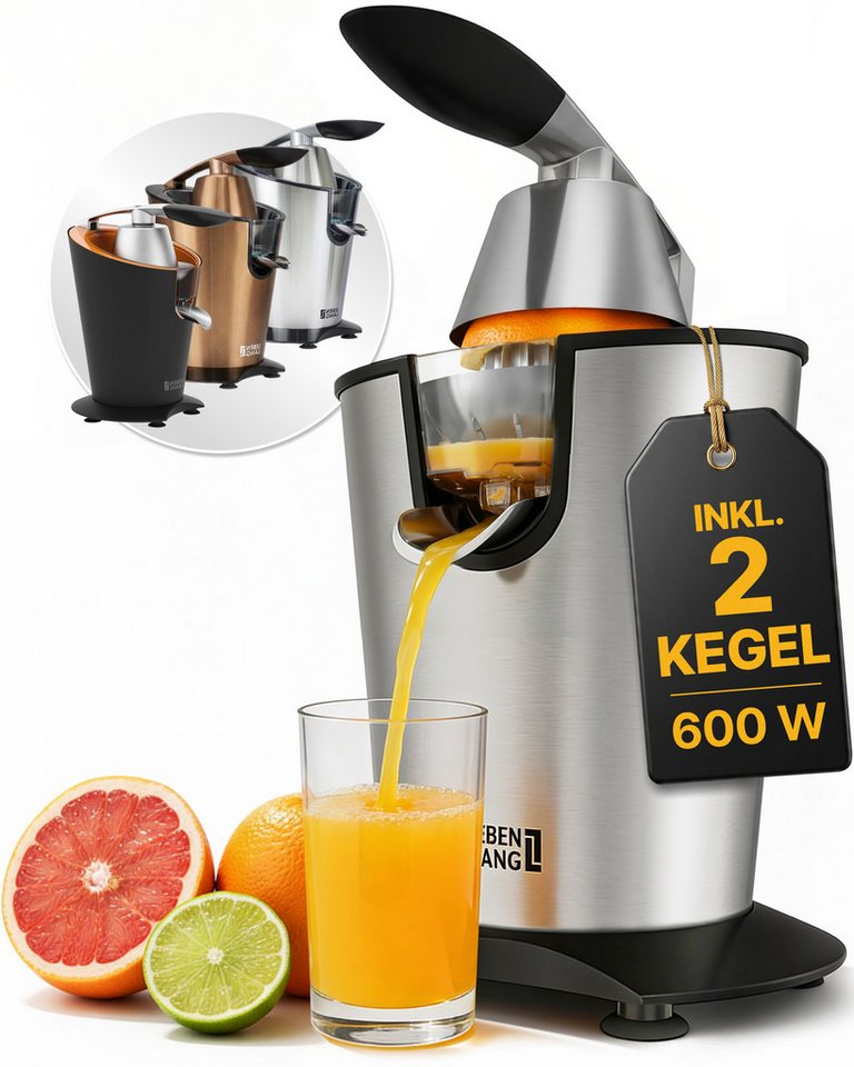 Lebenlang Zitruspresse LEBENLANG Saftpresse elektrisch 600W - Inkl. Edelstahlkegel & BPA-Frei, 600,00 W, Hohe Saftausbeute, Schwarz & Silber