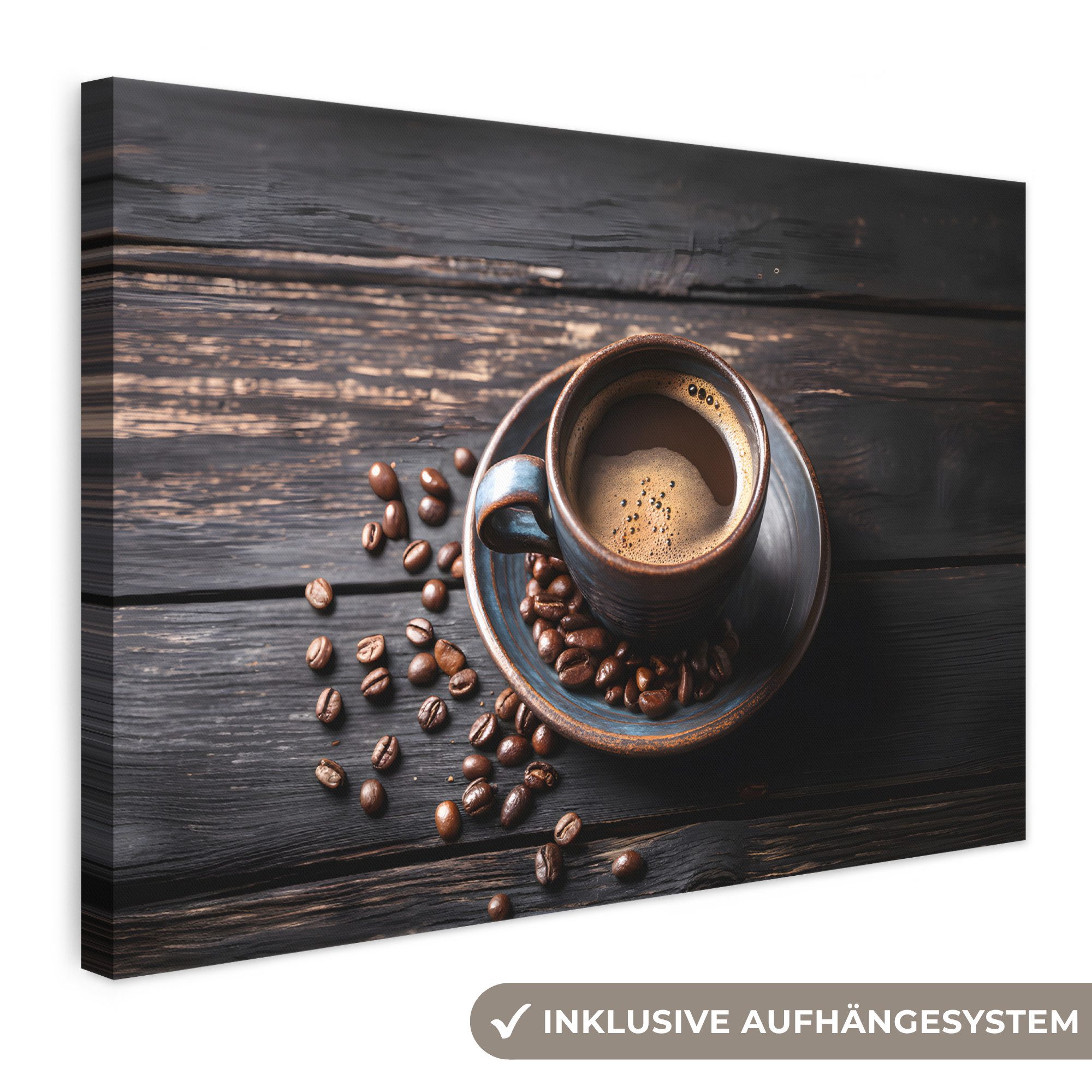 OneMillionCanvasses® Leinwandbild Tasse - Kaffee - Holz - Bohnen, Fotodruck (1 St), Wandbilder für Esszimmer, Wanddeko Bilder Küche, 30x20 cm