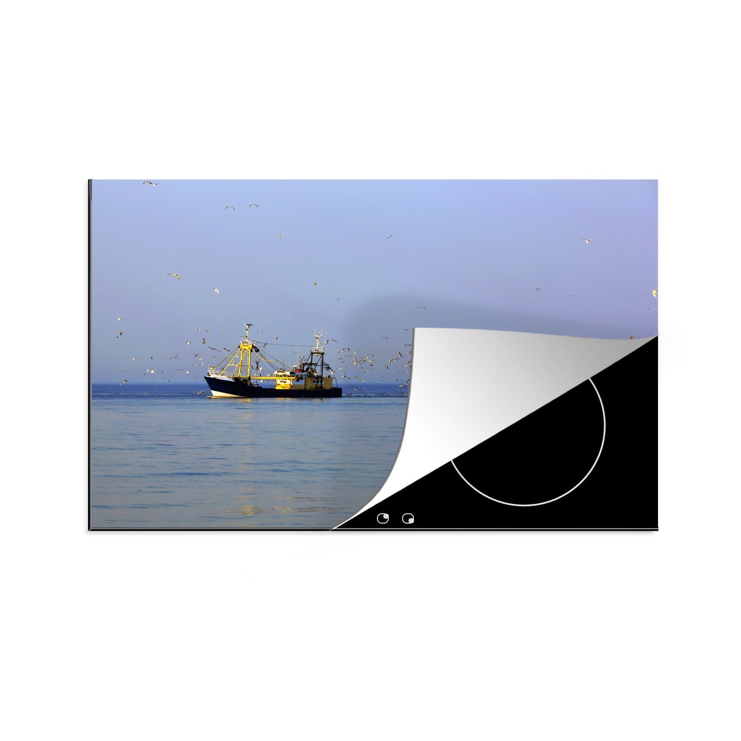 MuchoWow Herdblende-/Abdeckplatte Nordsee - Fischerboot - Vogel, Vinyl, (1 tlg), 81x52 cm, Induktionskochfeld Schutz für die küche, Ceranfeldabdeckung
