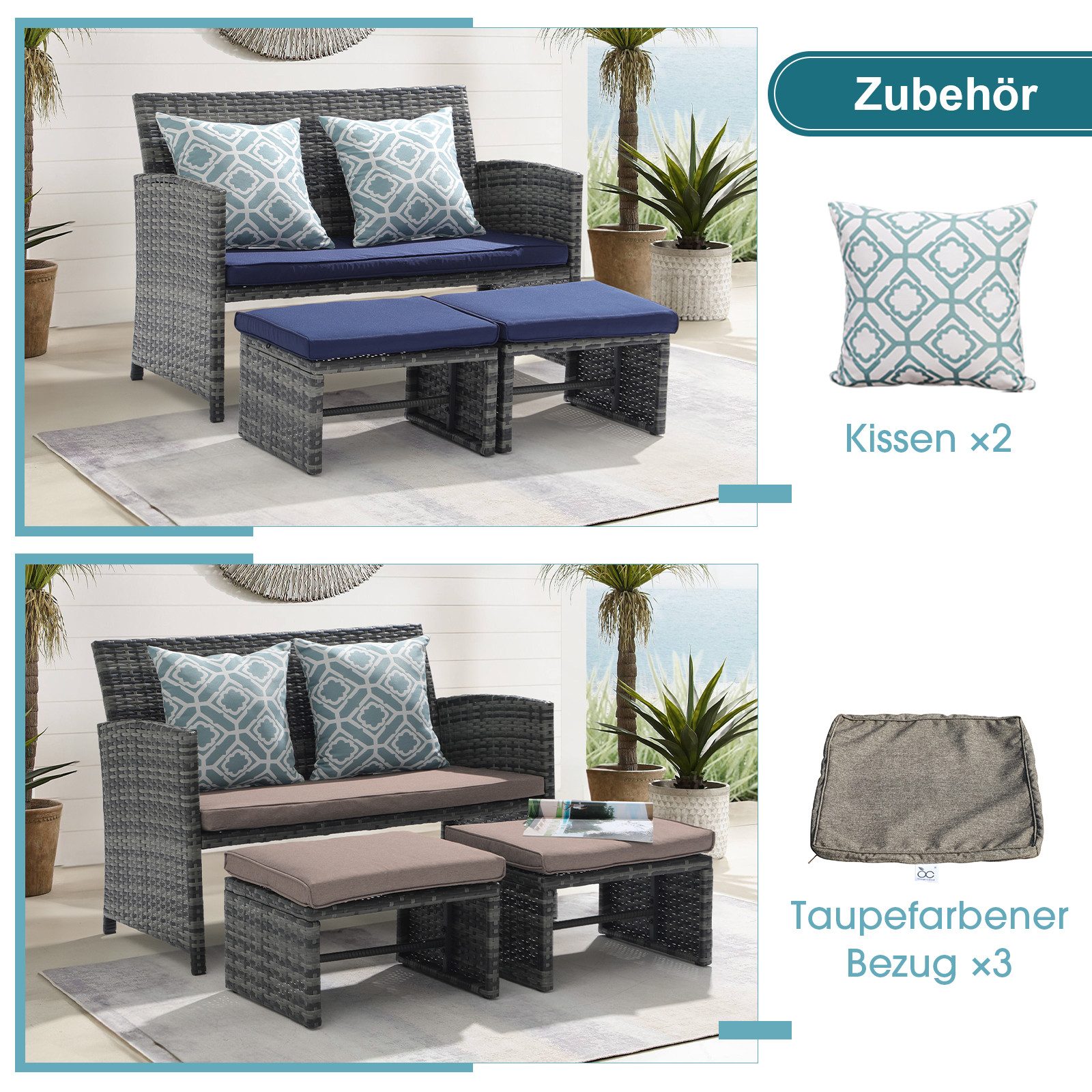 JOIVI Gartenbank Outdoor Loveseat (3-tlg Terrassenmöbel-Set, Allwetter Rattan Gartenbank mit 2 Hocker), Grau Rattan&Grau Kissen