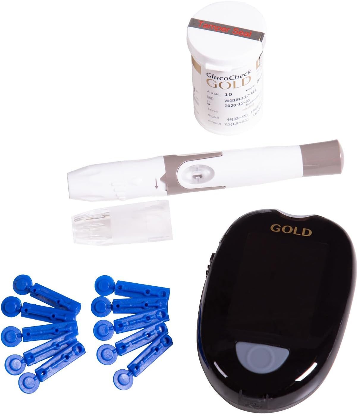 GlucoCheck Blutzuckermessgerät GlucoCheck Gold mgdl oder mmol, Spar-Set, Diabeteskontrolle, Smartes Messgerät, Teststreifeneinschub beleuchtet, Bluetooth und USB-Schnittstelle