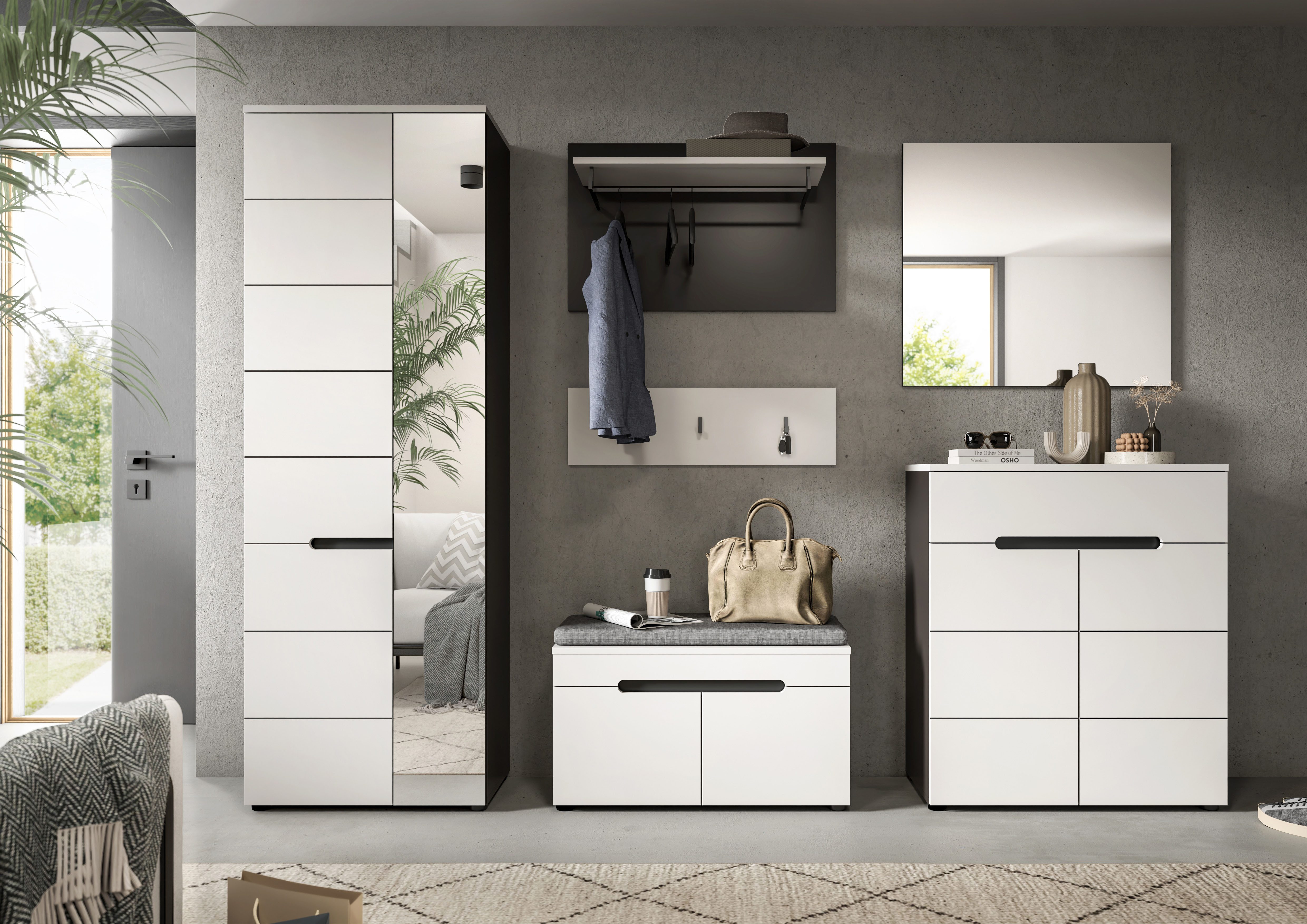 INOSIGN Garderoben-Set REHAT, TOPSELLER!, 6-teilig, Breite 255 cm, individuell erweiterbar, (Set, 6-St., Schrank, Sitzbank, Sitzkissen, Paneel, Hakenleiste, Spiegel, Kommode), Garderobenkombination, Kombination, Set, Flurgarderobe, Diele