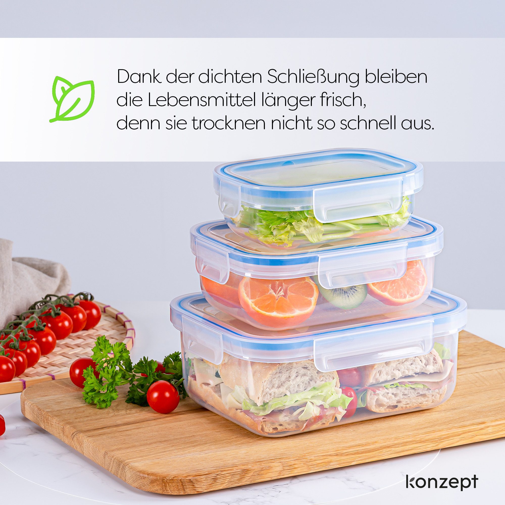 KONZEPT Frischhaltedose mit Deckel 3er Set 600ml/1L/2L,transparent, (3-tlg), BPA-frei, Stapelbar, Für Kühlschrank, Zum Mitnehmen – Bild 2 von 5