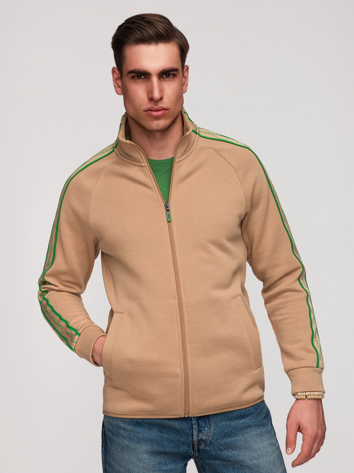 OMBRE Sweatshirt Herren Sweatshirt mit Stehkragen Sportlich Braun L (kein Set, 1-tlg) Kontrastdetails, elastische Abschlüsse