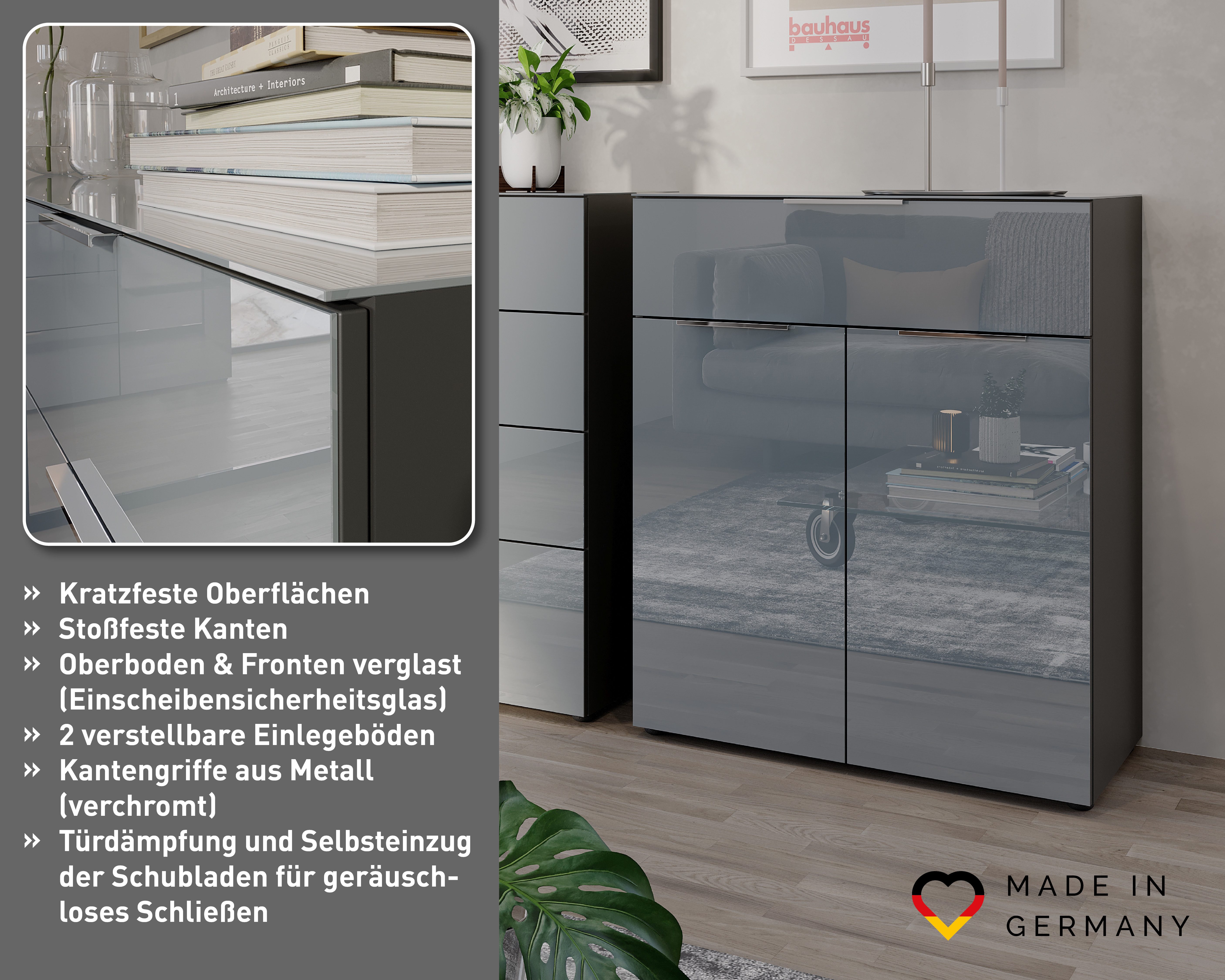 GERMANIA Kombikommode Oakland mit Glasauflagen, Breite 83 cm, mit Schubladen, in vers. Varianten