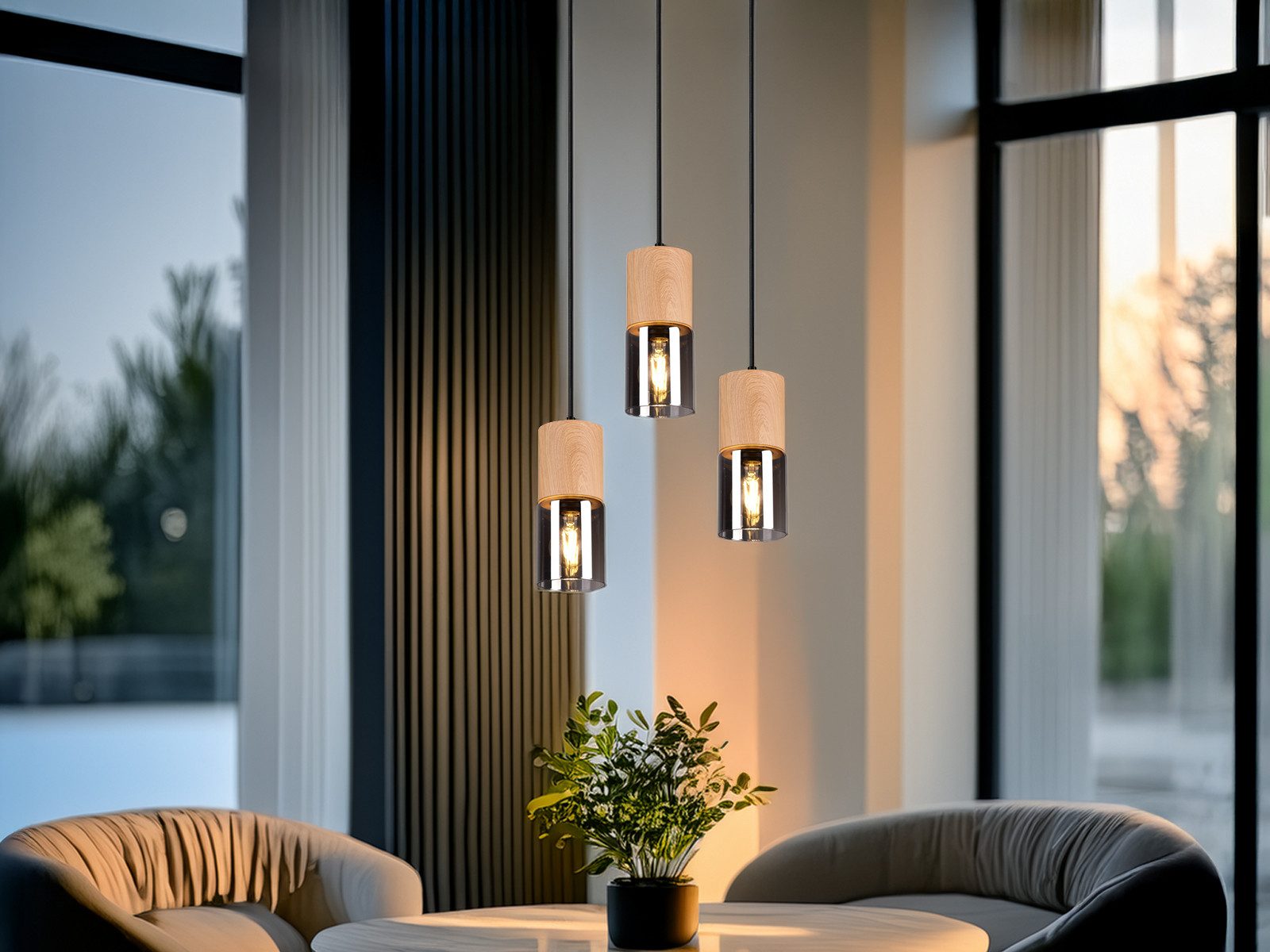 meineWunschleuchte Pendelleuchte mit Holz & Rauchglas Ø 37cm, ohne Leuchtmittel, moderne Cluster Esszimmerlampe mehrflammig, E27 Esstischlampe hängend – Bild 2 von 5