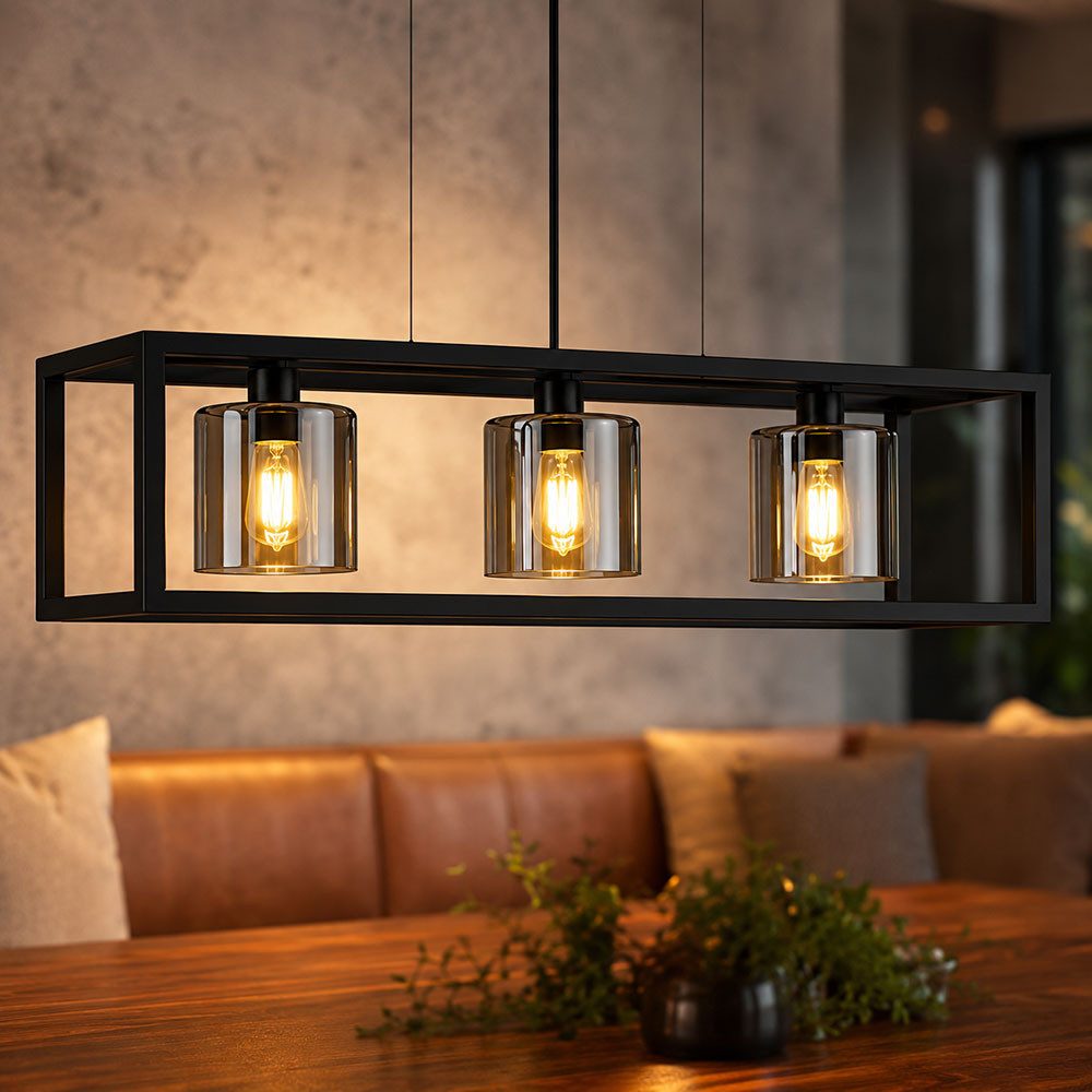 EGLO Pendelleuchte, Leuchtmittel nicht inklusive, Pendelleuchte Hängelampe Esszimmerlampe Rauchoptik Schwarz Glas L110cm