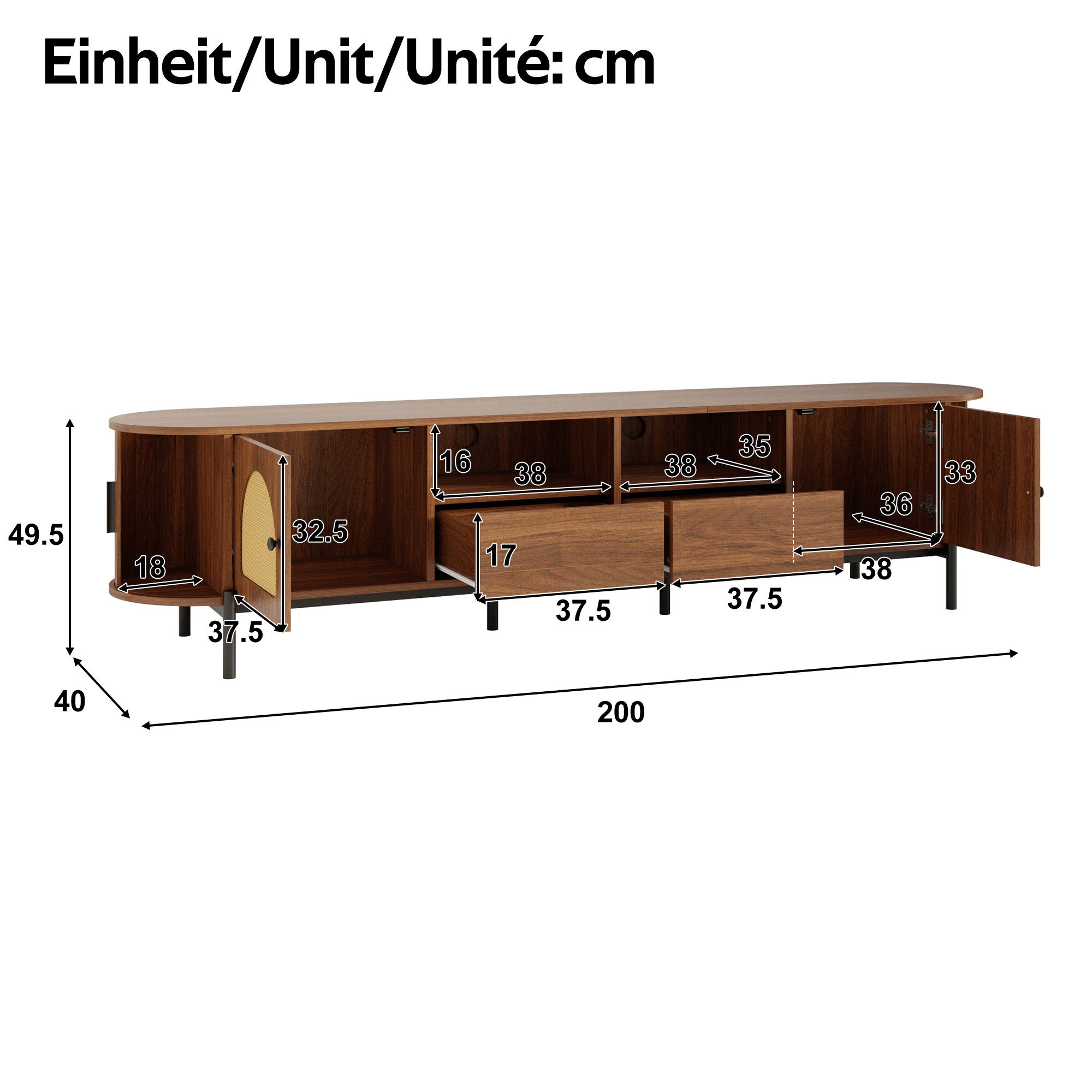 Merax Lowboard mit Rattan-Schiebetüren, Oval TV-Schrank in Holzoptik (1 St), TV Lowboard mit 2 Türen, 2 Schubladen & Stauraum, 200x40x49,5 cm – Bild 4 von 5