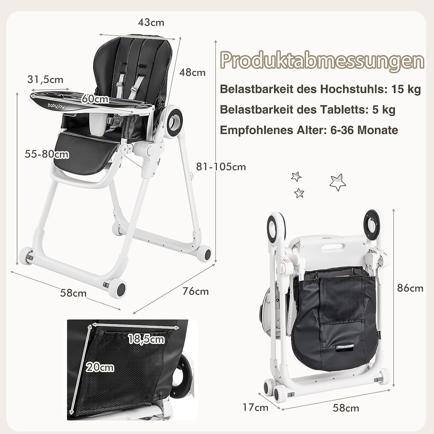 Monate 4 Kinder schwarz & mit Baby, für 6-36 Hochstuhl 5-Punkt-Sicherheitsgurt Räder, KOMFOTTEU