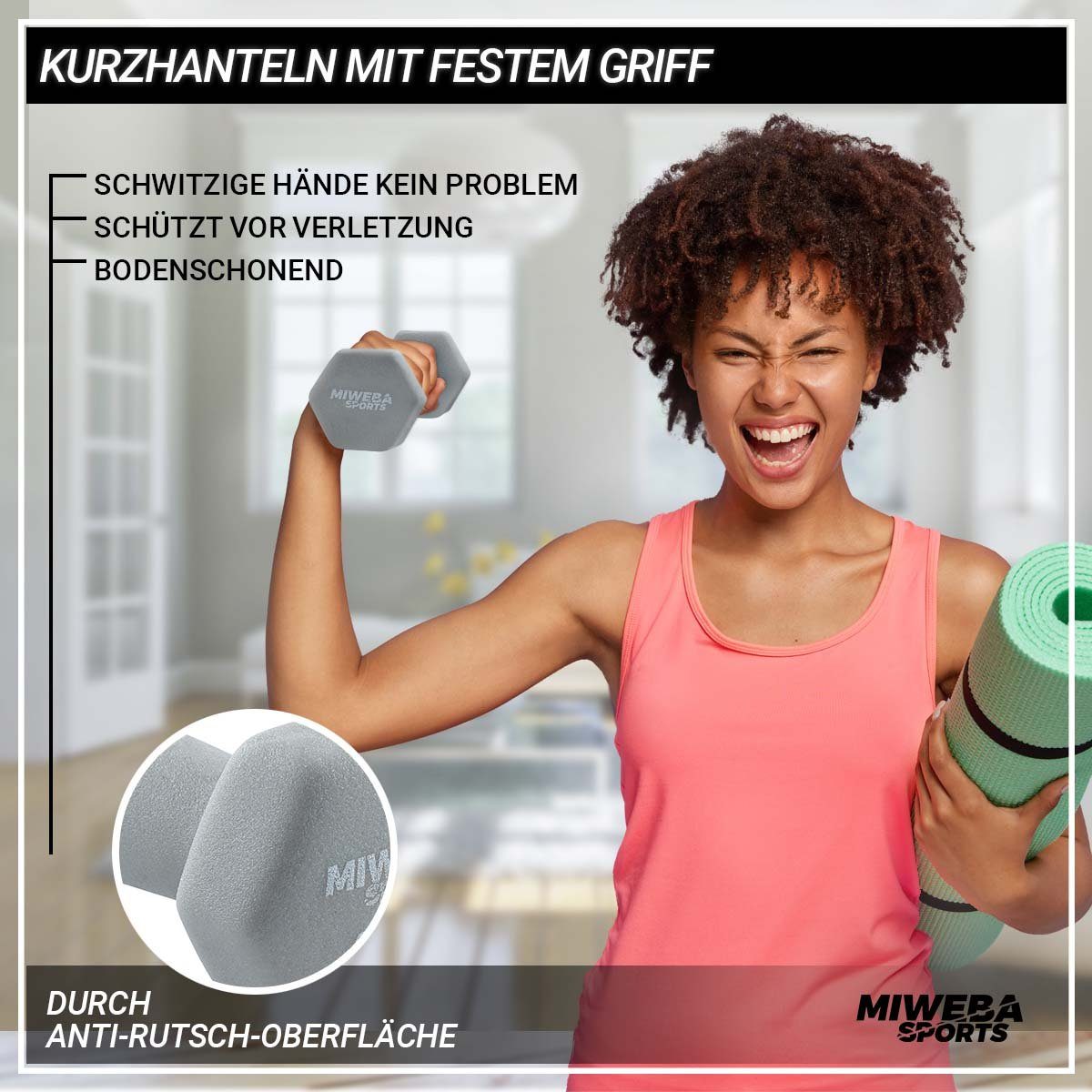 Miweba Sports Hantel-Set Premium Gymnastikhantel-Set NKH120 inkl. Hantelablage, (rutschfest - Fitness Sport Muskelaufbau Training Hantel Set Kurzhantelset Kettlebell Set, 3 Farben, Neopren, Hexagon-Form, 1 kg - 2 kg - 3 kg), Kurzhantel Aerobic Hantel Set Fitnesshanteln Gewichte