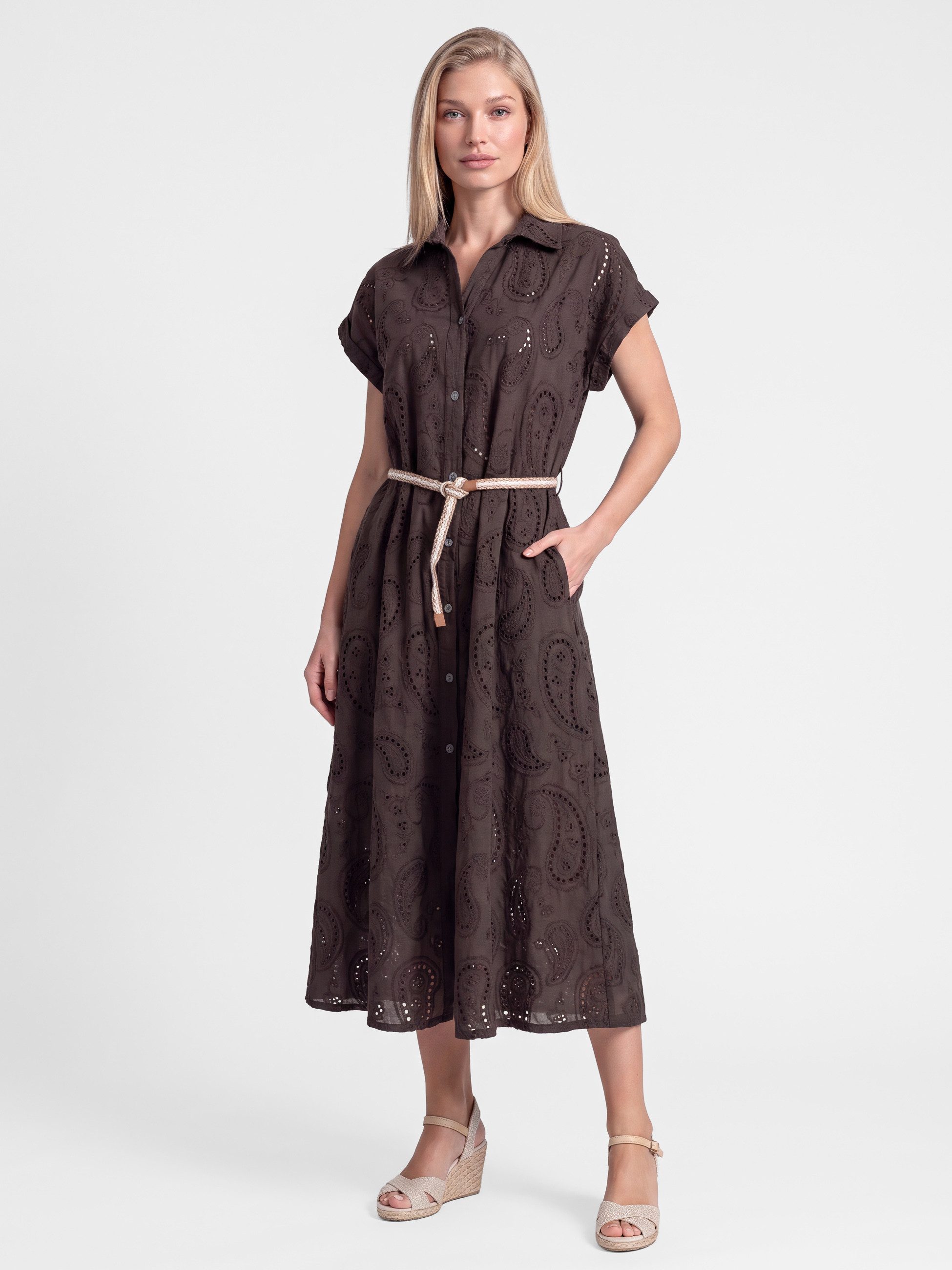 PEKIVESSA Sommerkleid Hemdblusenkleid mit Lochstickerei und Gürtel in Midilänge