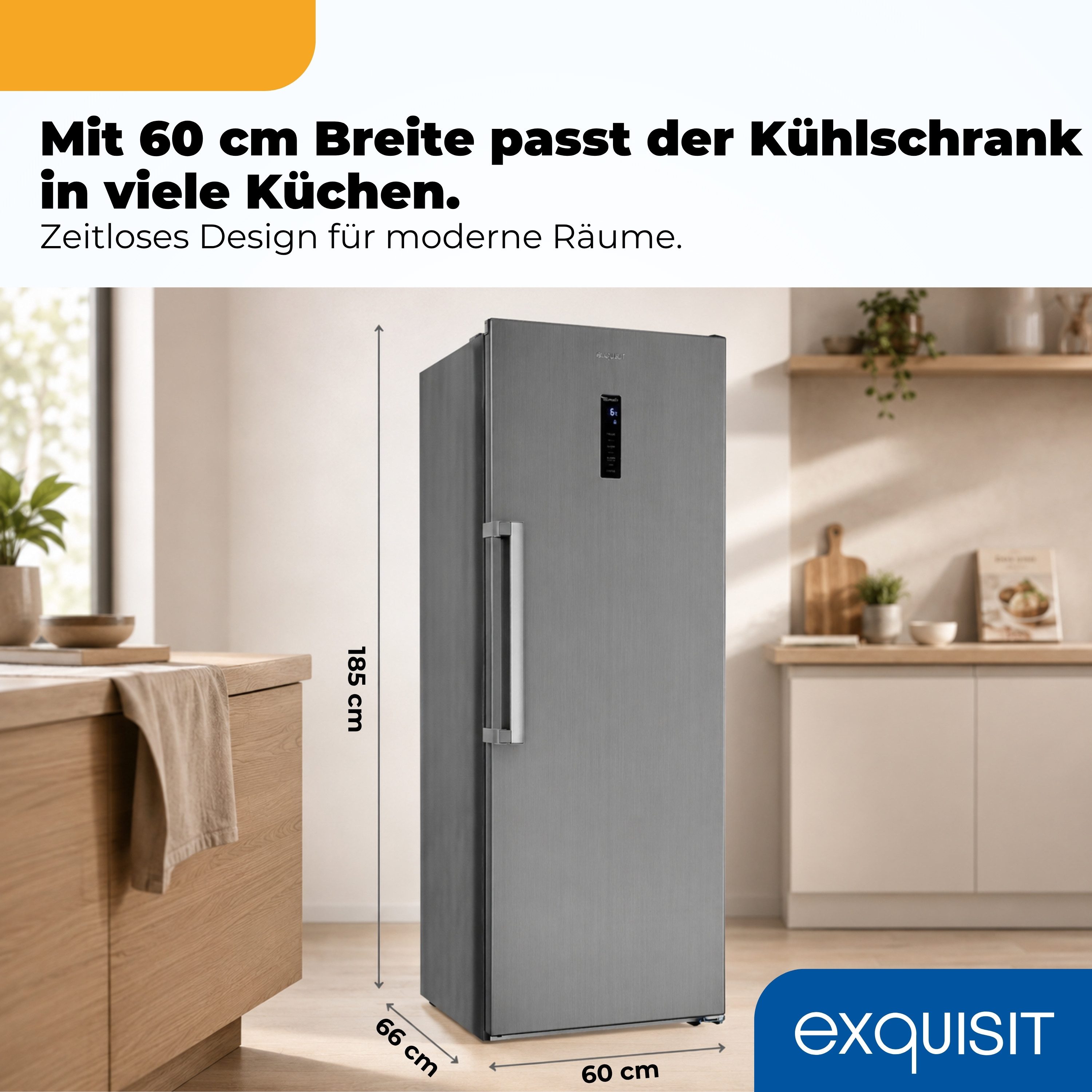 exquisit Vollraumkühlschrank KS5360-V-HE-040C, 185 cm hoch, 60 cm breit, 359 l Nutzinhalt, LED Beleuchtung, 4 Ablagen, Energieklasse C
