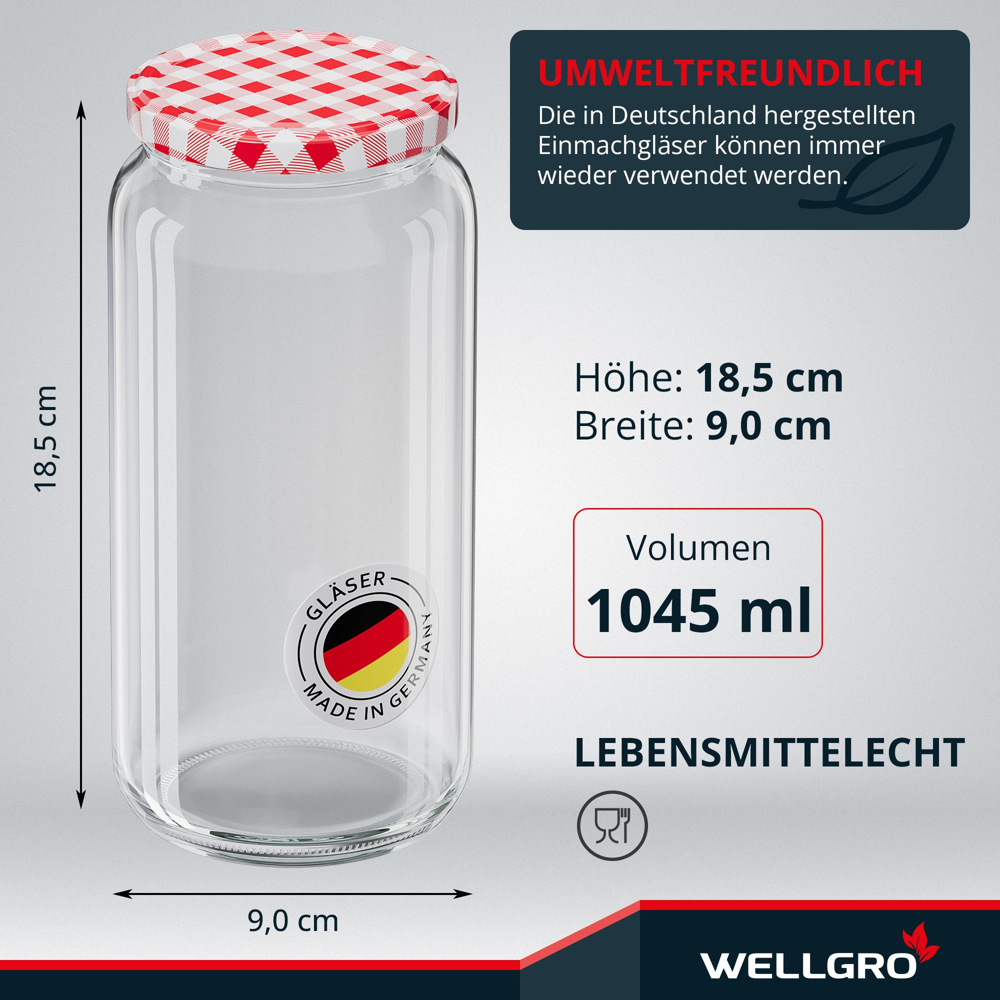 Wellgro Vorratsglas Einmachgläser mit Schraubdeckel TO 82, rot kariert, (3-tlg) – Bild 2 von 5