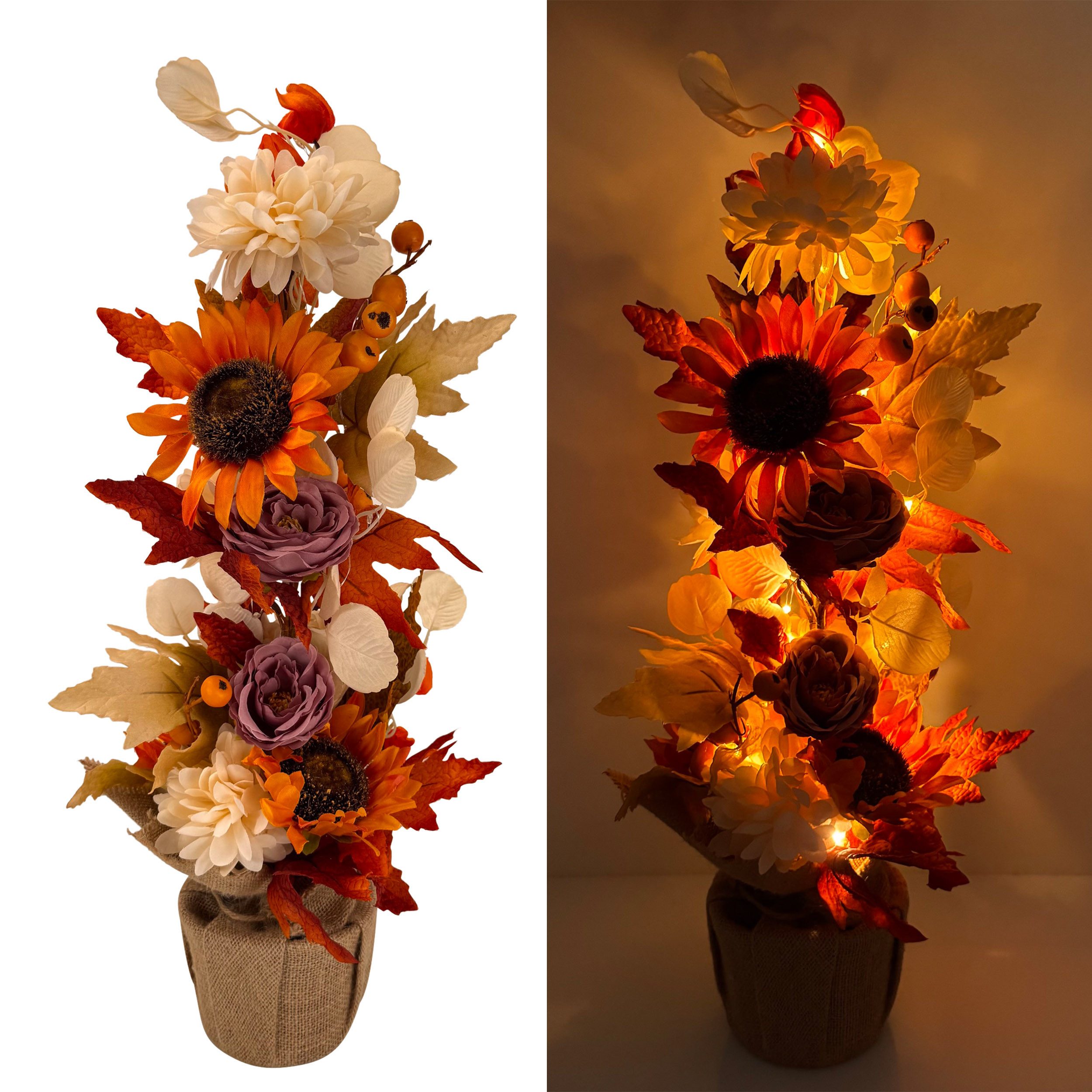 Online-Fuchs Dekobaum mit LED-Lichterkette, Blumen und Laubblättern - Herbstdeko (mit Sonnenblumen, Dahlien & Pfingstrosen, 60 cm hoch), inklusive praktischer 6-Stunden Timerfunktion