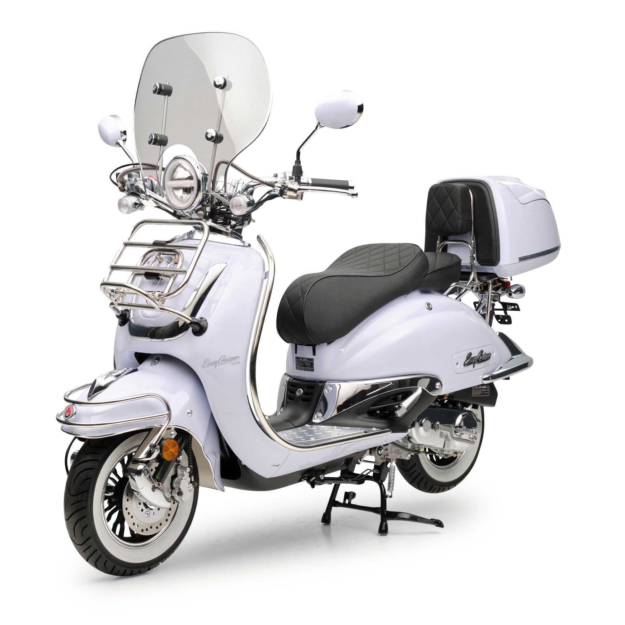 Burnout Motorroller EasyCruiser Chrom Eisblau, 50 ccm, 45 km/h, Euro 5, LED Beleuchtung, Digitales Tacho, Retro, mit Windschild & Topcase, USB