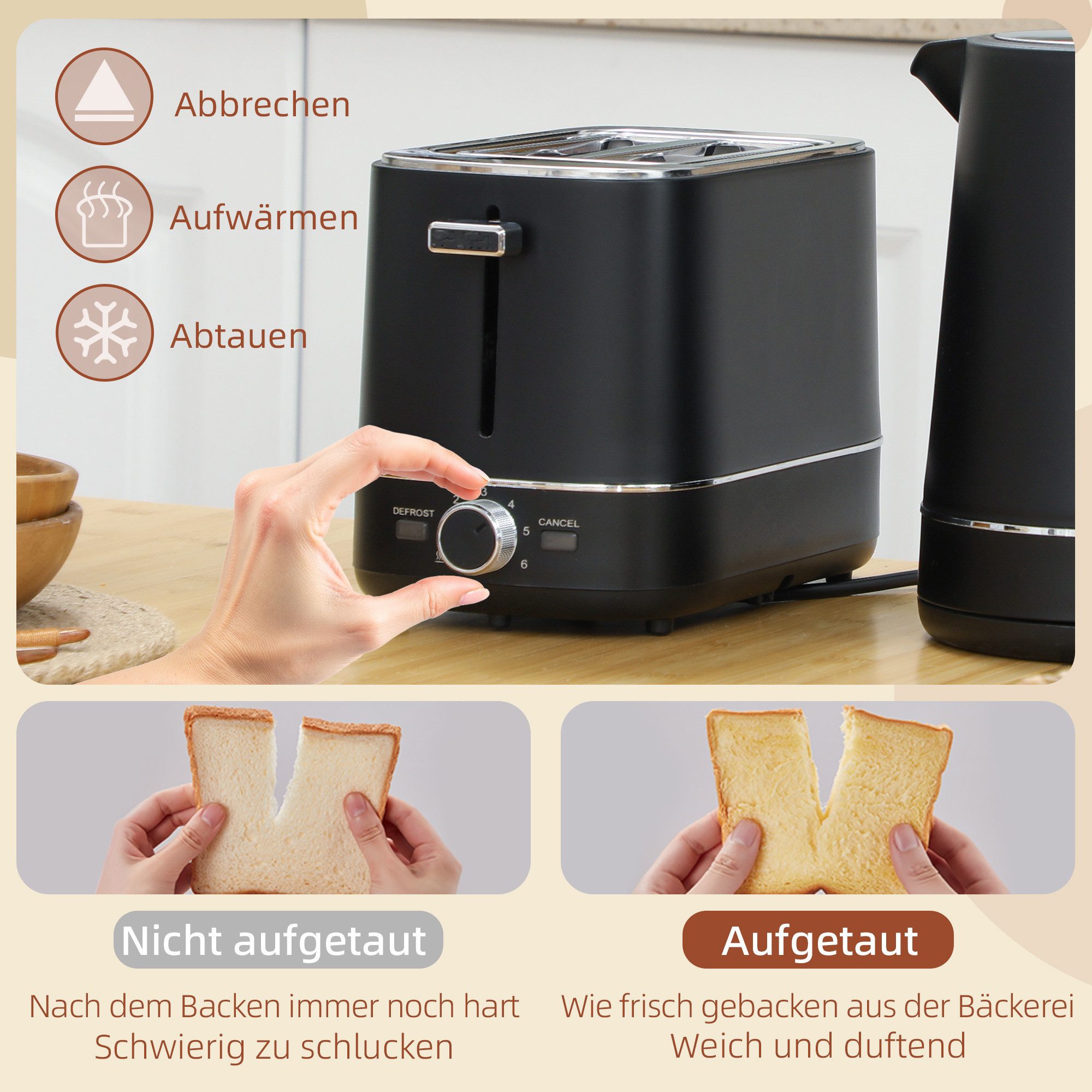 HOMCOM Toaster Wasserkocher Set 2200 W 1,7L Wasserkocher, 2 Scheiben Toaster, 2 Schlitze, für 2 Scheiben, 2200 W, Wasserkocher und Toaster mit 6 Bräunungsstufen – Bild 5 von 5