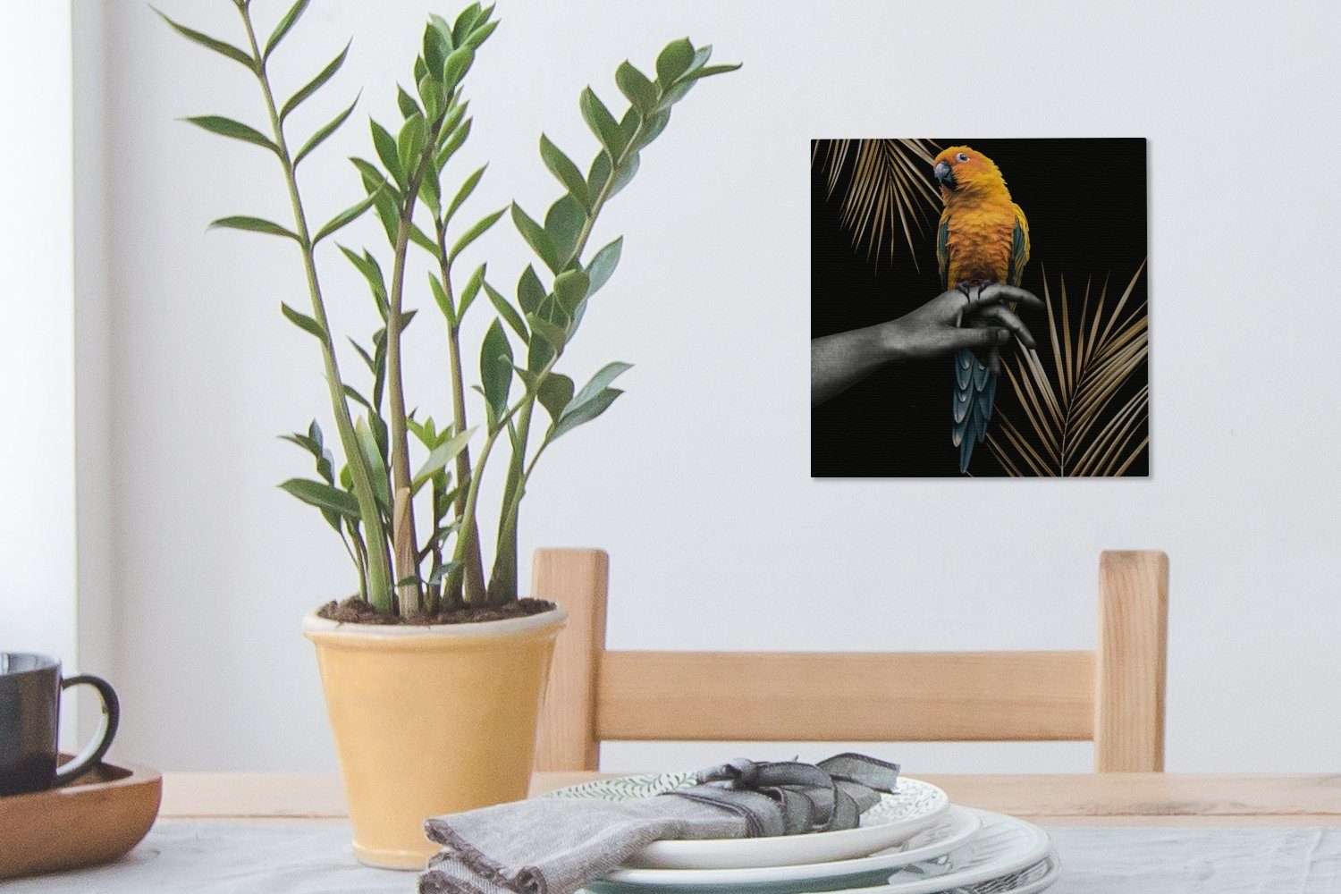 Schlafzimmer (1 Hand - Bilder für - Leinwand OneMillionCanvasses® St), Vogel bunt Farn, Leinwandbild - Wohnzimmer Papagei