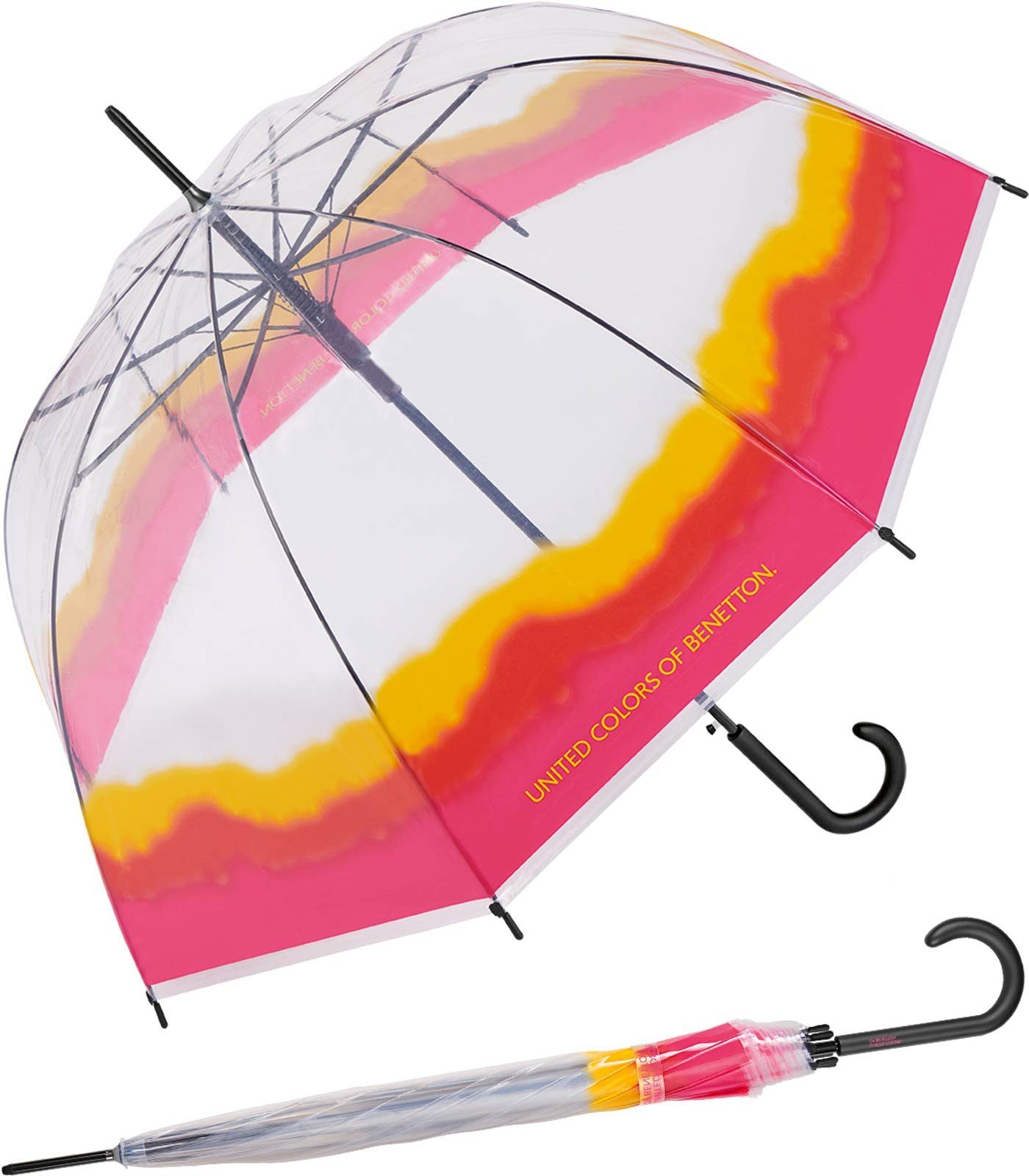 United Colors of Benetton Stockregenschirm Glockenschirm mit Automatik transparent-farbig, voller Druchblick mit der durchsichtigen Kuppel