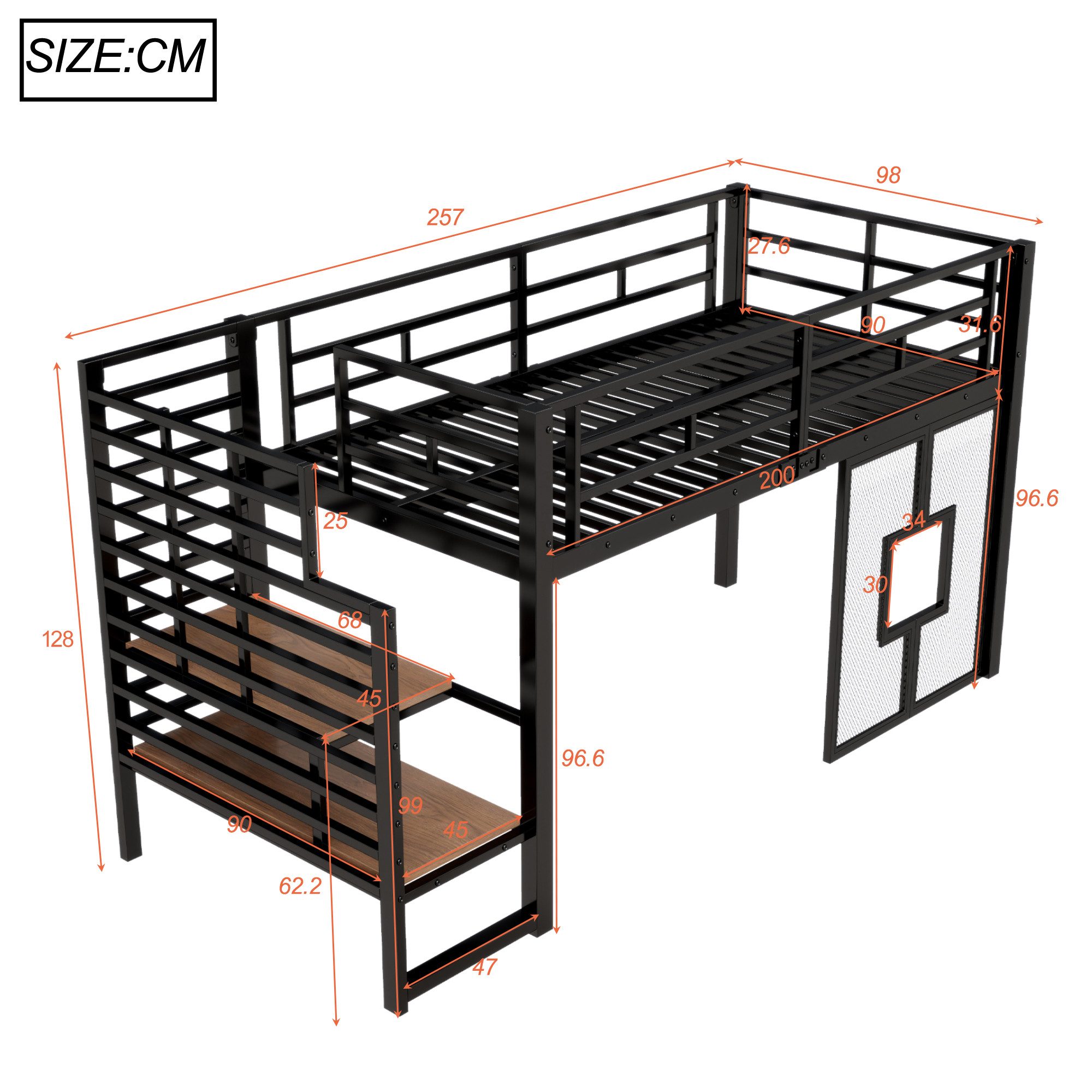 Merax Hochbett mit LED-Beleuchtung (1-St., Jugendbett Einzelbett Hausbett) Metallbett Kinderbett 90x200cm mit Treppe, Stauraum & Fenster – Bild 5 von 5