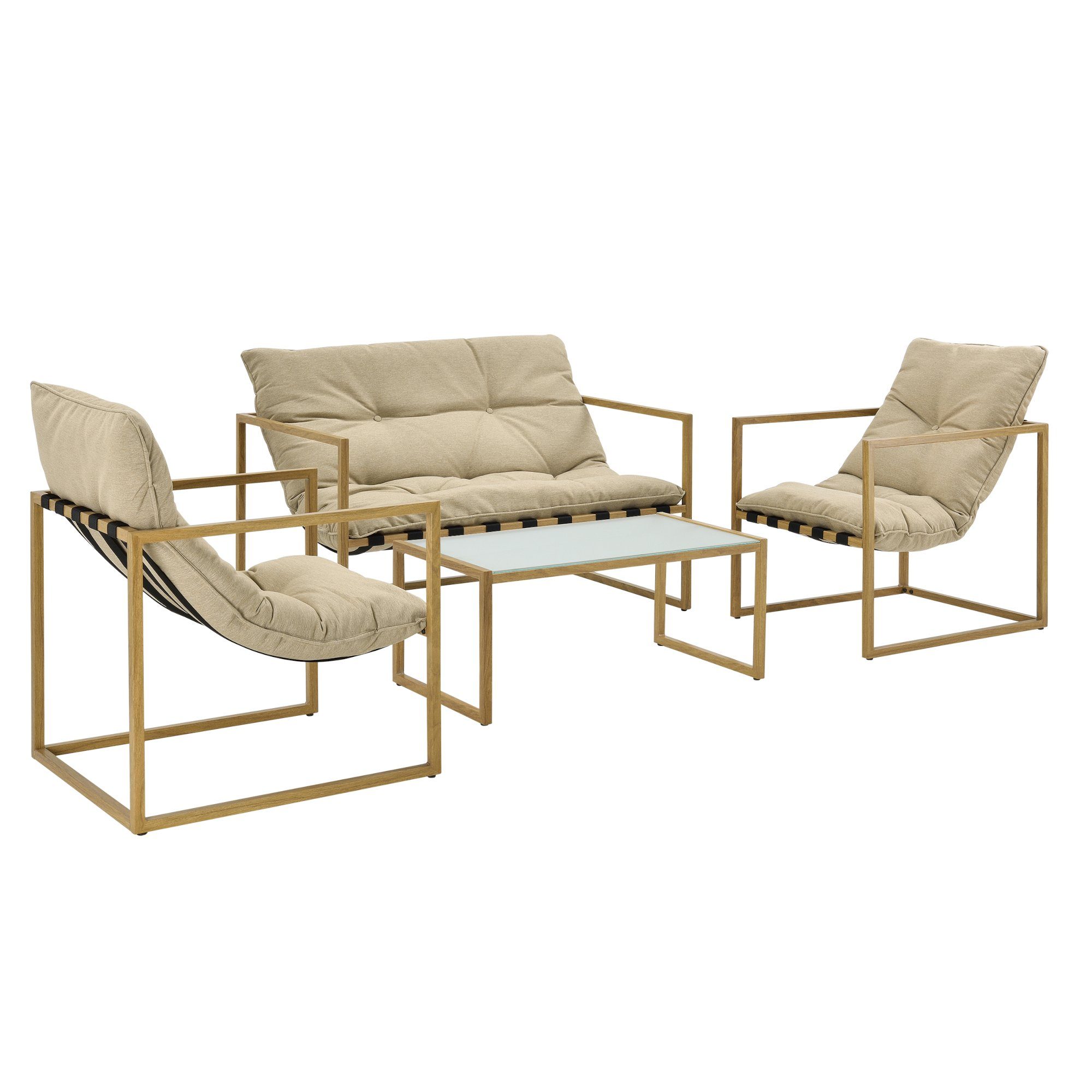 casa.pro Sitzgruppe, (Set, 4-tlg., 1x Couchtisch mit einer Sitzbank und 2 Stühlen), »Dallas« Gartenmöbel Set 4-teilig mit Polsterkissen Holz/Khaki