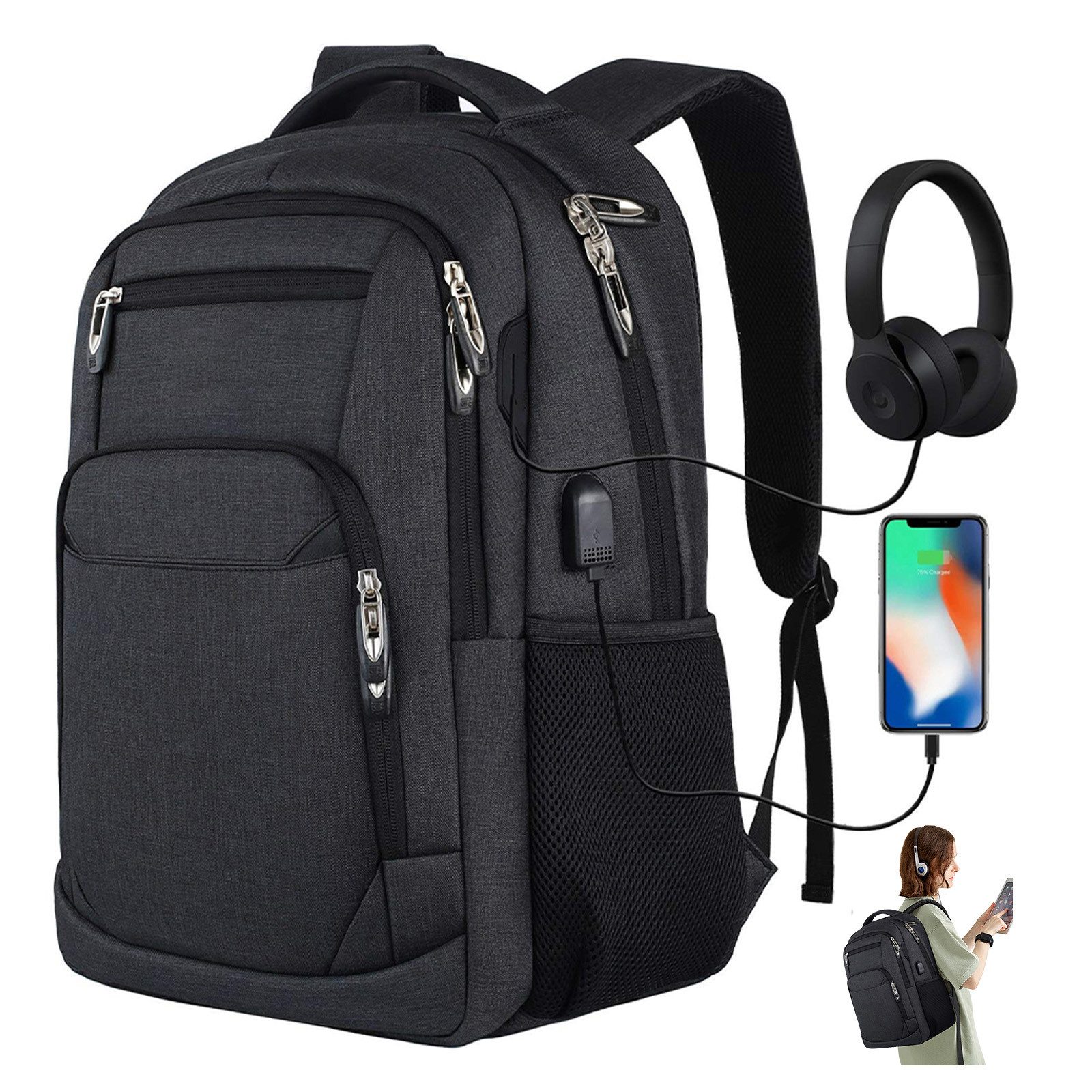 OKWISH Laptoprucksack Laptop Rucksäcke Schulrucksack Wasserbeständig Laptoptasche (Uni Tasche Businessrucksack Sportrucksack, Anti-Diebstahl, Backpack mit Laptopfach, mit USB-Anschluss), Herren Damen Jungen Teenager Arbeit Business Freizeit Reisen