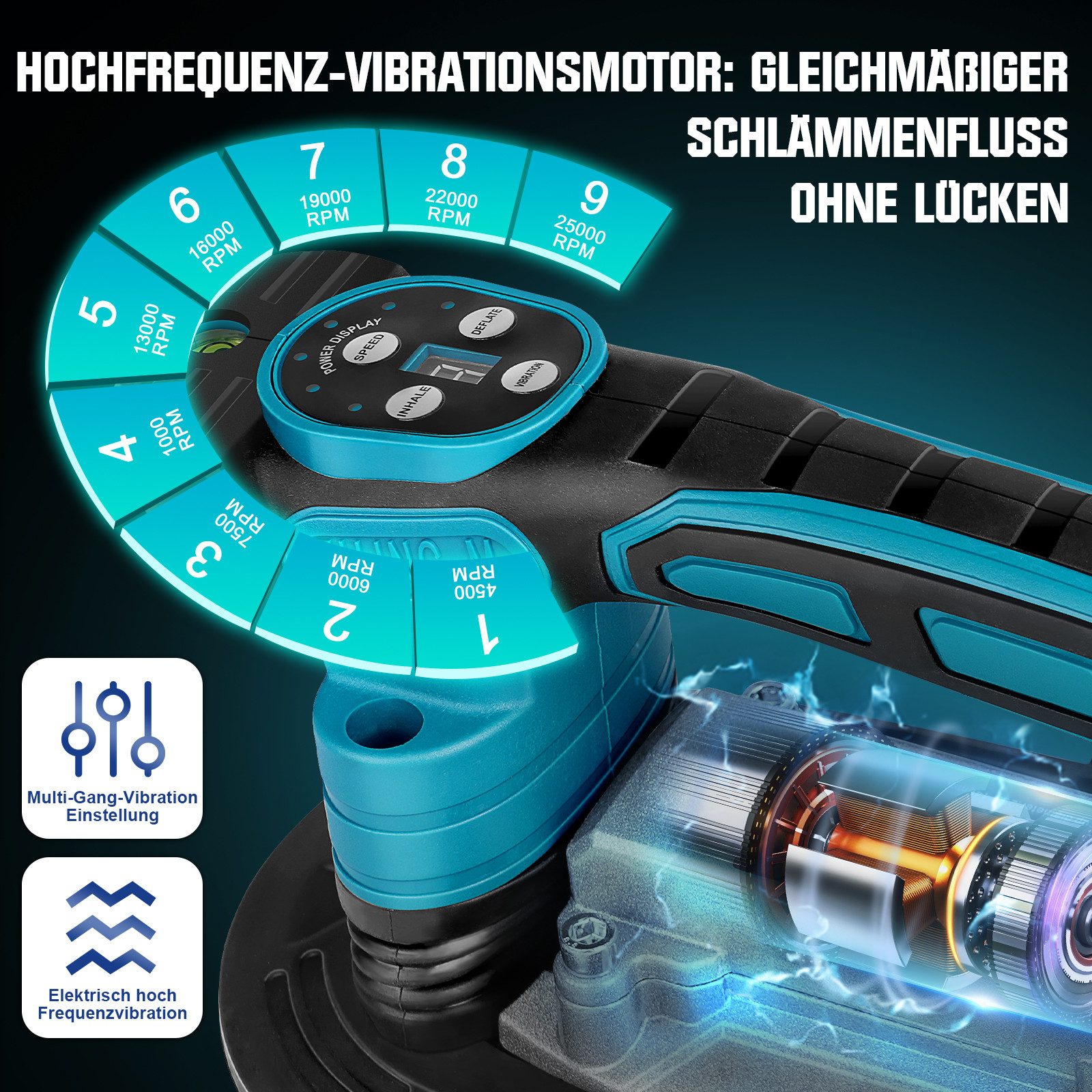 XERSEK Akku-Multifunktionswerkzeug Elektrische Fliesenleger Maschine Fliesenvibrator Fliesenrüttler, 250kg Tragkraft, 9 Gang, mit 2x2.0Ah Akku, 225 * 120mm Saug – Bild 2 von 5