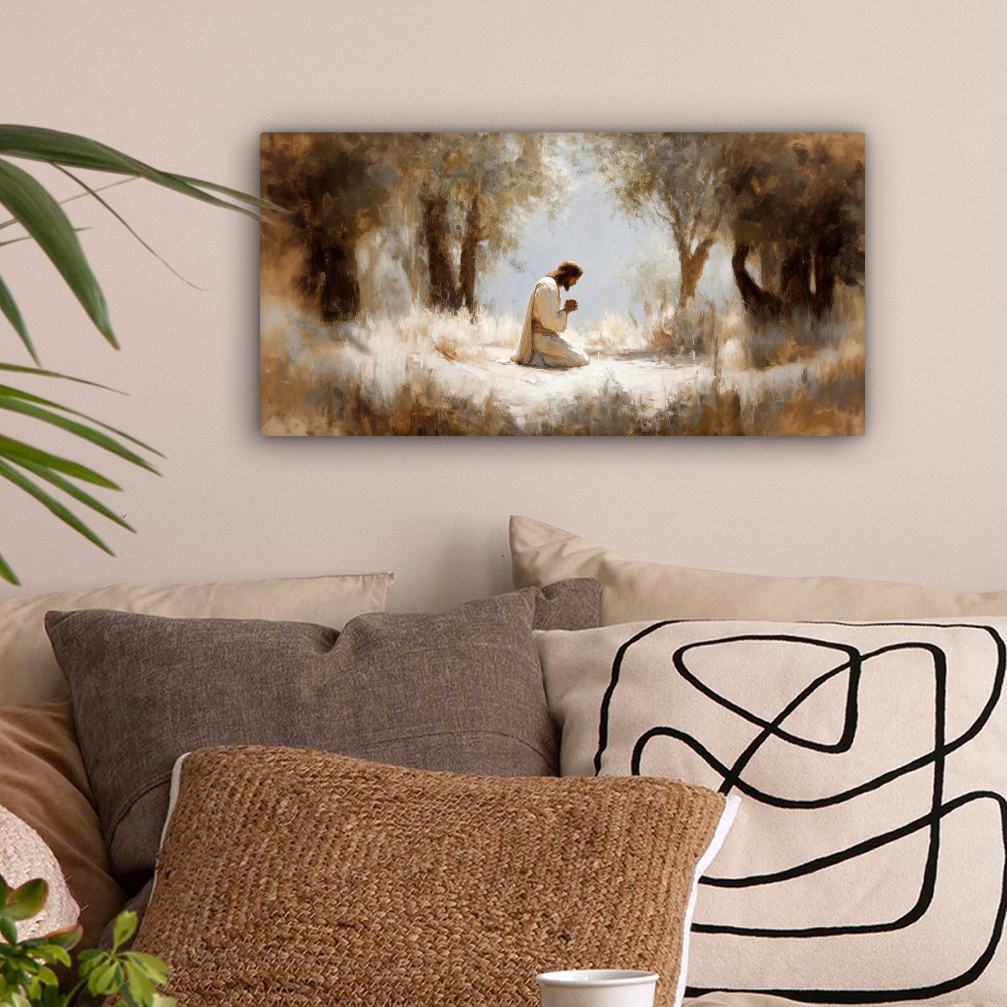 OneMillionCanvasses® Leinwandbild Panorama Jesus - Kniend - Waldlandschaft - Betend, Fotodruck (1 St), Wandbild, Deko Schlafzimmer Wohnzimmer Flur 40x20 cm