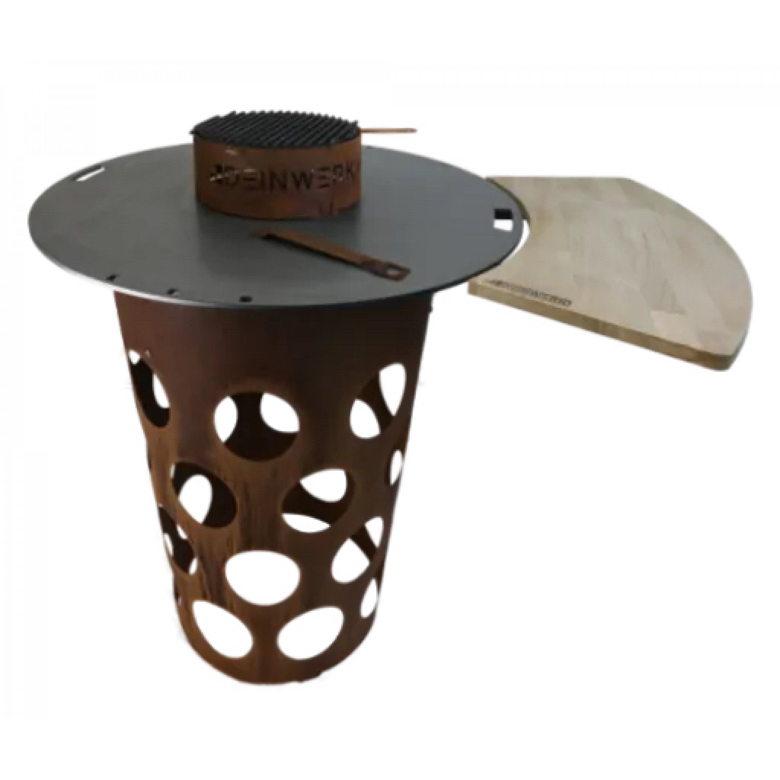 DEINWERK Feuerstelle DEINWERK Dubbefass Grillfass aus Corten mit Feuerplatte, Wokaufsatz