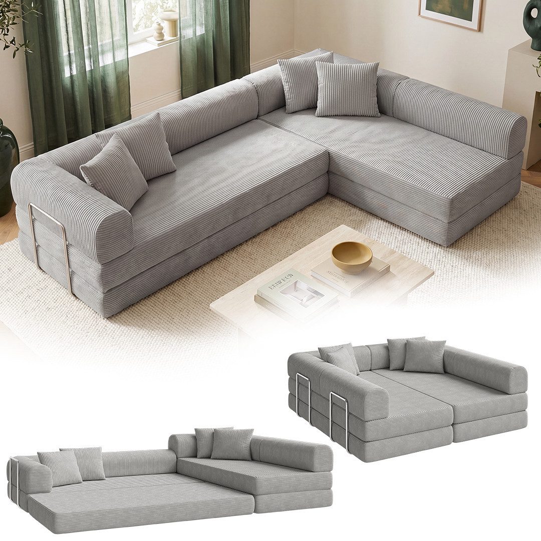 skølm Sofa Lofn aus Cord, Vollschaumcouch umwandelbar zum Schlafsofa, Hellgrau, Ecksofa 300 cm breit, 4 Sitzer, kein Aufbau erforderlich, vakuumiert