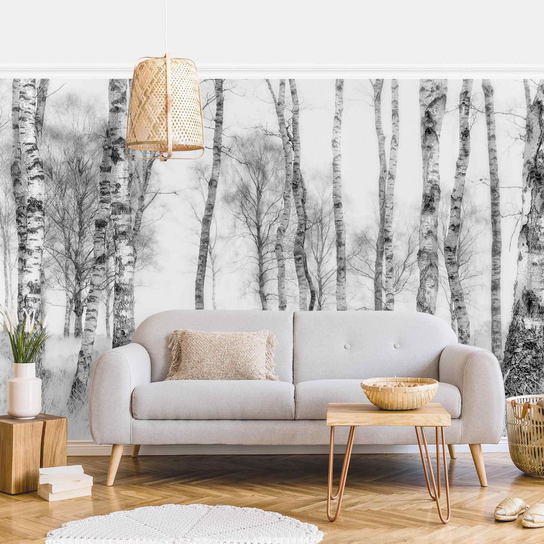 Bilderdepot24 Vliestapete Schwarz-Weiß Birkenwald Schwarz-Weiß Wald Natur Modern Wanddeko, Glatt, Matt, (Vliestapete inkl. Kleister oder selbstklebend), Wohnzimmer Schlafzimmer Küche Flur Fototapete Motivtapete Wandtapete