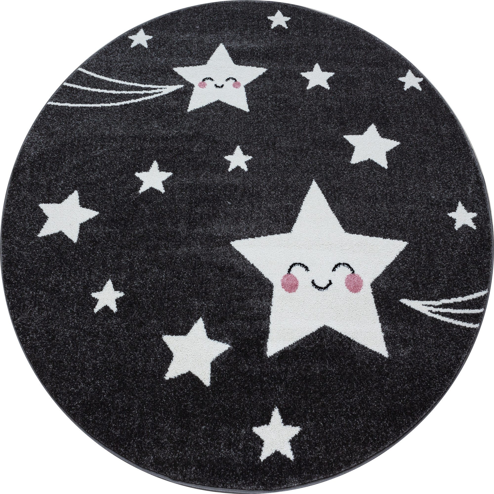 KADIMA DESIGN Kinderteppich LAGO Spielteppich Kinderzimmer Bunt Waschbar Strapazierfähig, Rund, Höhe: 13 mm, Grau, 160x160 cm, Kurzflorteppich Sterne Waschbar