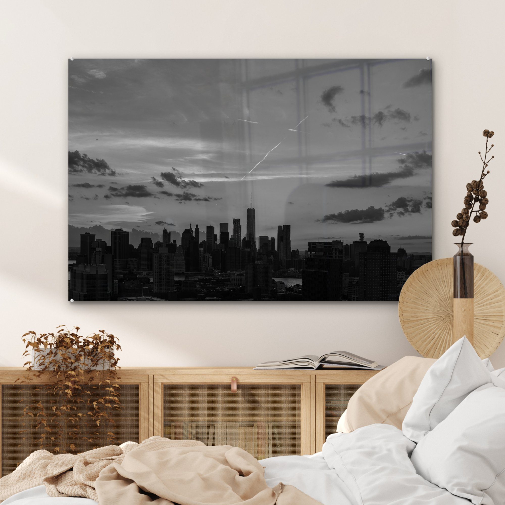 Schwarz Stadt & (1 Acrylglasbild Weiß, Wohnzimmer St), - Manhattan - MuchoWow Acrylglasbilder - Schlafzimmer