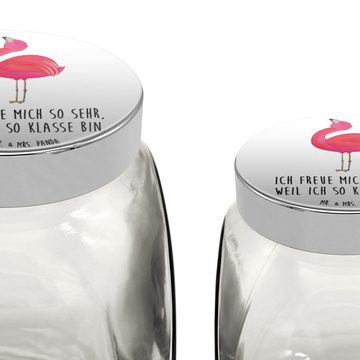 Mr. & Mrs. Panda Vorratsglas L 870ml Flamingo Stolz - Weiß - Geschenk, Glasdose, beste Freundin, r, Premium Glas, (1-tlg), Eigene Motive