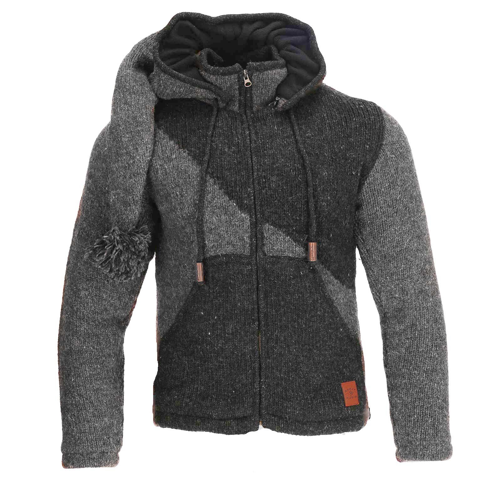 KUNST UND MAGIE Strickjacke Strickjacke Goa Wolle Jacke Fleecefutter Zipfelkapuze Unisex Fair