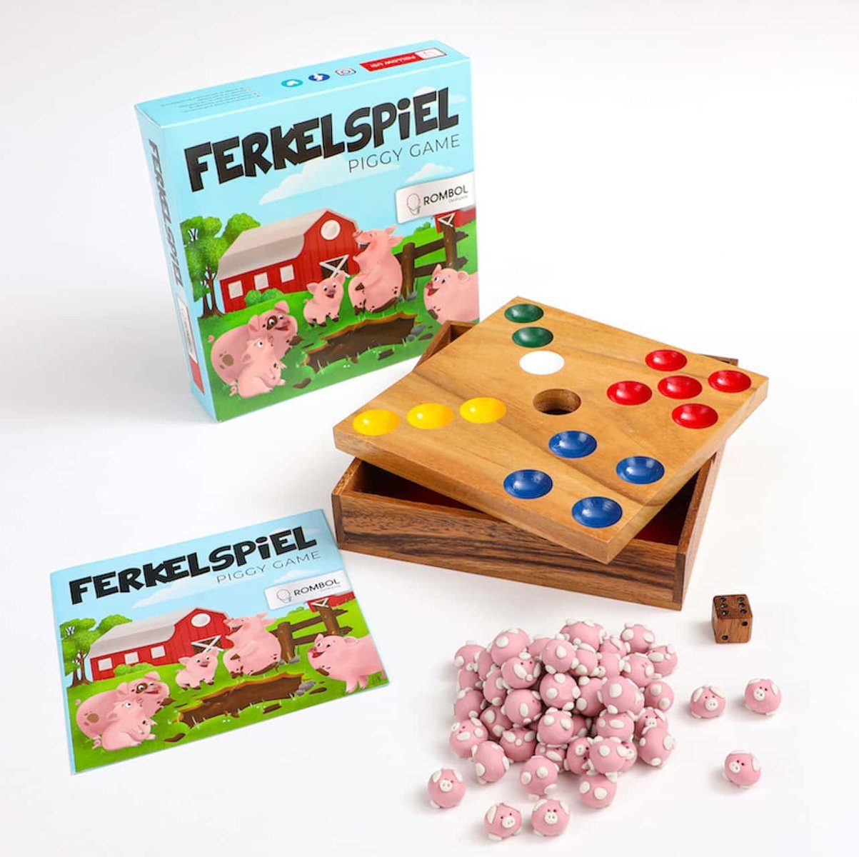 ROMBOL Denkspiele Spiel Ferkelspiel - Würfelspiel mit den süßen Ferkeln für die ganze Familie, Schweinchenspiel, Holzspiel