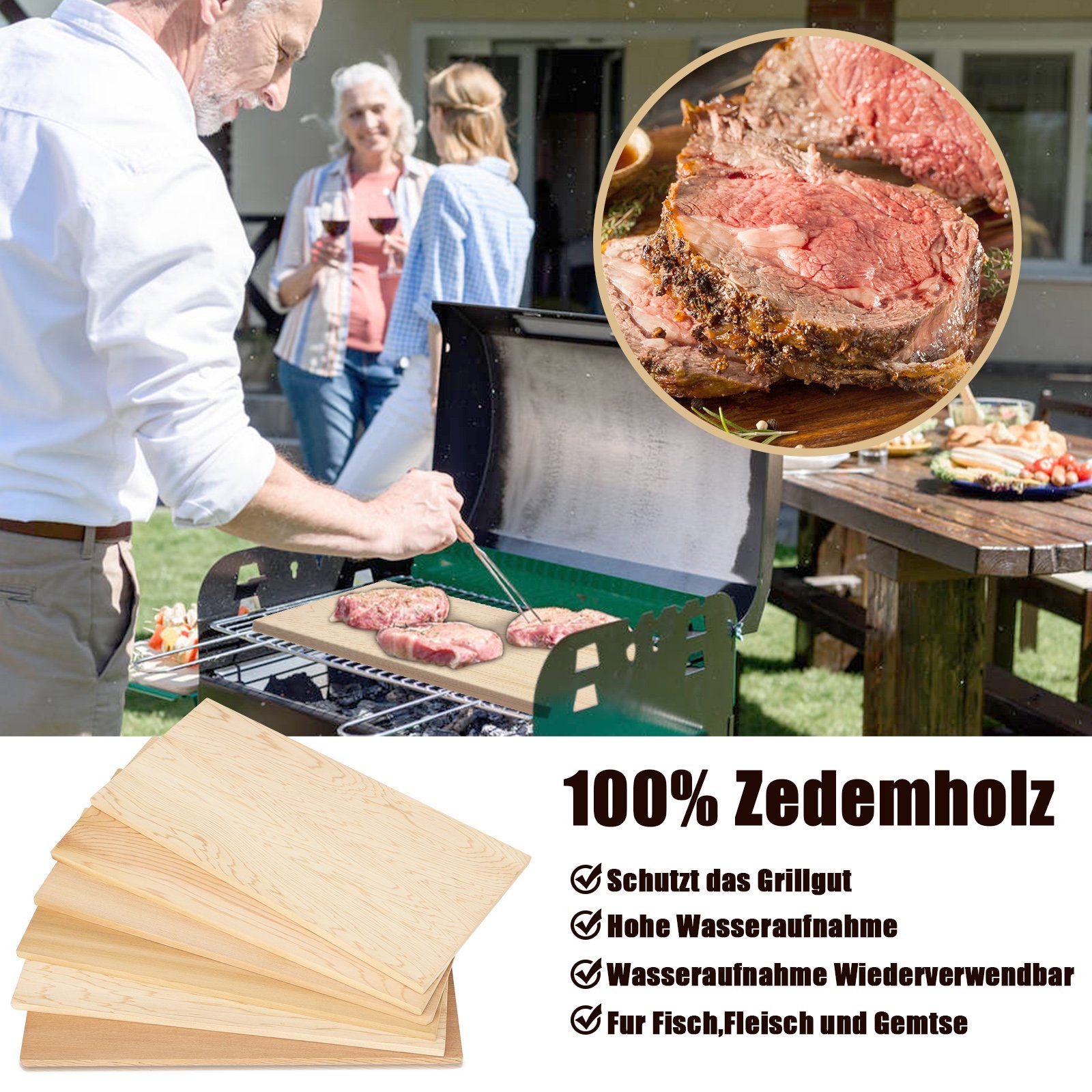 Räucherbrett Räucherplanke TolleTour Grillbretter Holz BBQ, 6X Zedernholz Grillplanken