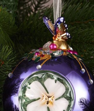 BRUBAKER Weihnachtsbaumkugel Premium Weihnachtskugel - Tiere mit Blumen - 10 cm Christbaumschmuck (1 St), Christbaumkugel aus Glas mit Perlen-Deko und Figur - Handdekoriert