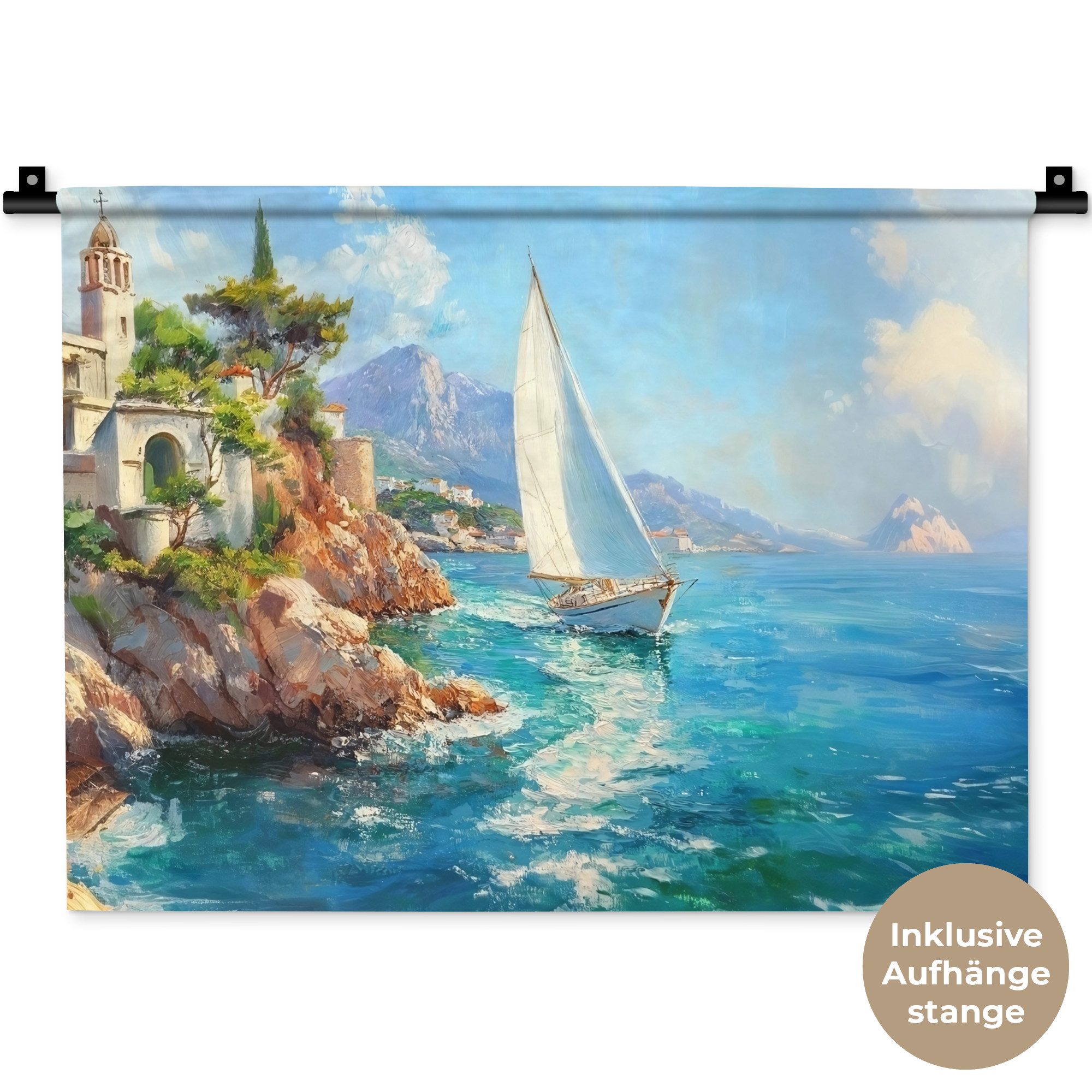 MuchoWow Wandteppich Segelboot - Felsen - Küste - Häuser, Rechteckig, Höhe: 3 mm, Wanddeko Teppich Wohnzimmer, Schlafzimmer, 60x45 cm