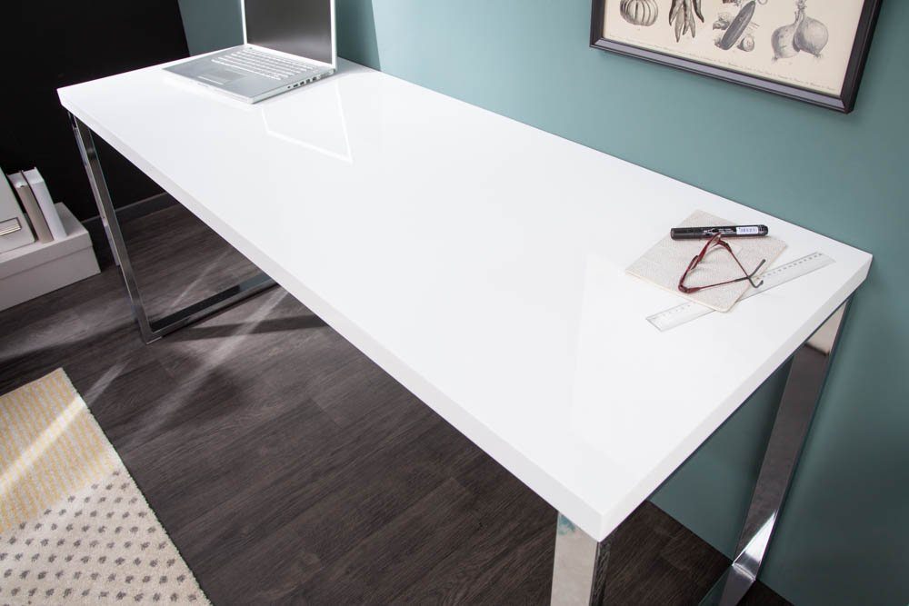 riess-ambiente Schreibtisch WHITE DESK 140cm Metall Hochglanz · weiß Office · Modern · silber, Home Design / · Arbeitszimmer