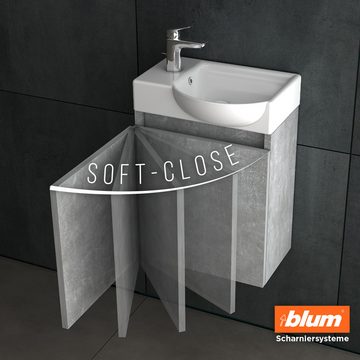 Alpenberger Waschbecken Gäste WC Komplettset - Badmöbel Set Möbelwaschtisch in Grau (Vormontierte Komplettprogramme für Badezimmer, 2-St., Waschtisch mit Unterschrank), Soft-Close Hängeschrank, pflegeleicht, Keramik Handwaschbecken